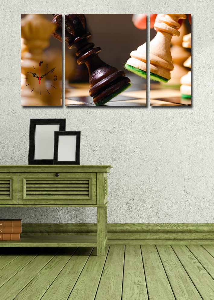 Relógio de Parede Decorativo em Tela Suede (3 Peças) Multicolor – Moldura de Madeira, 84x45 cm