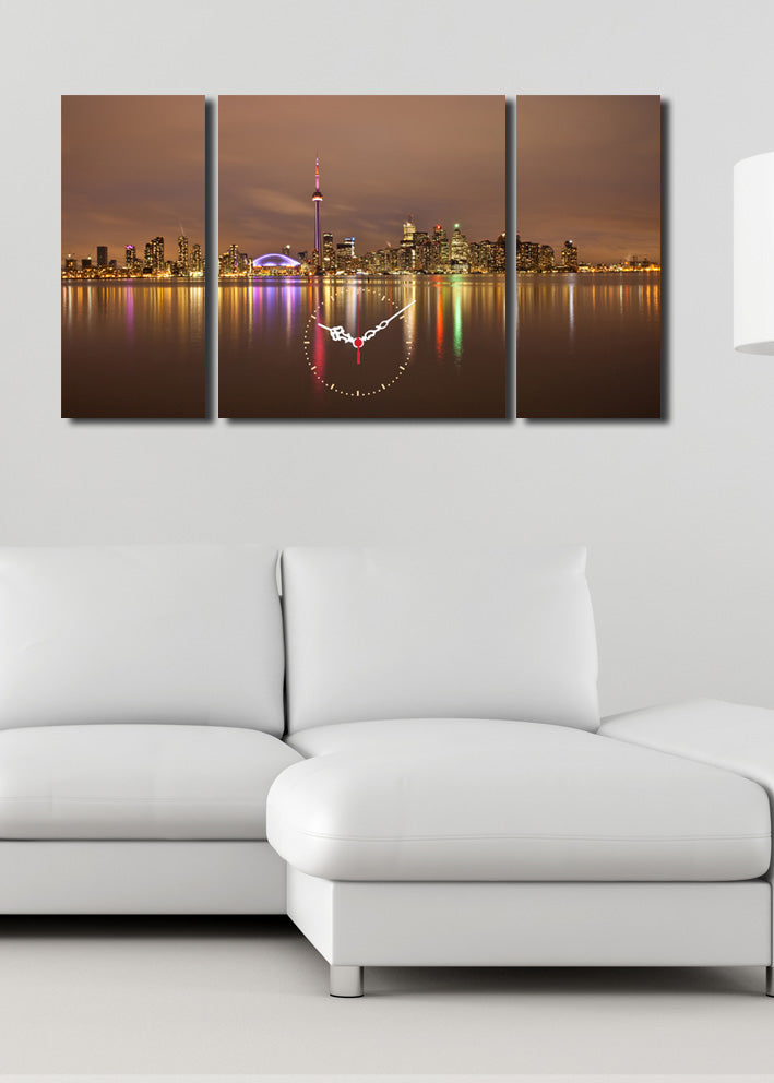 Relógio de Parede Decorativo em Tela Suede 100% (3 Peças), Multicolor, Moldura de Madeira 3 cm, 84x45 cm