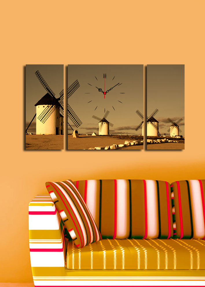 Relógio de Parede em Tela Multicolor (3 Peças) – 84x45 cm, Tela de Camurça 100% e Moldura de Madeira