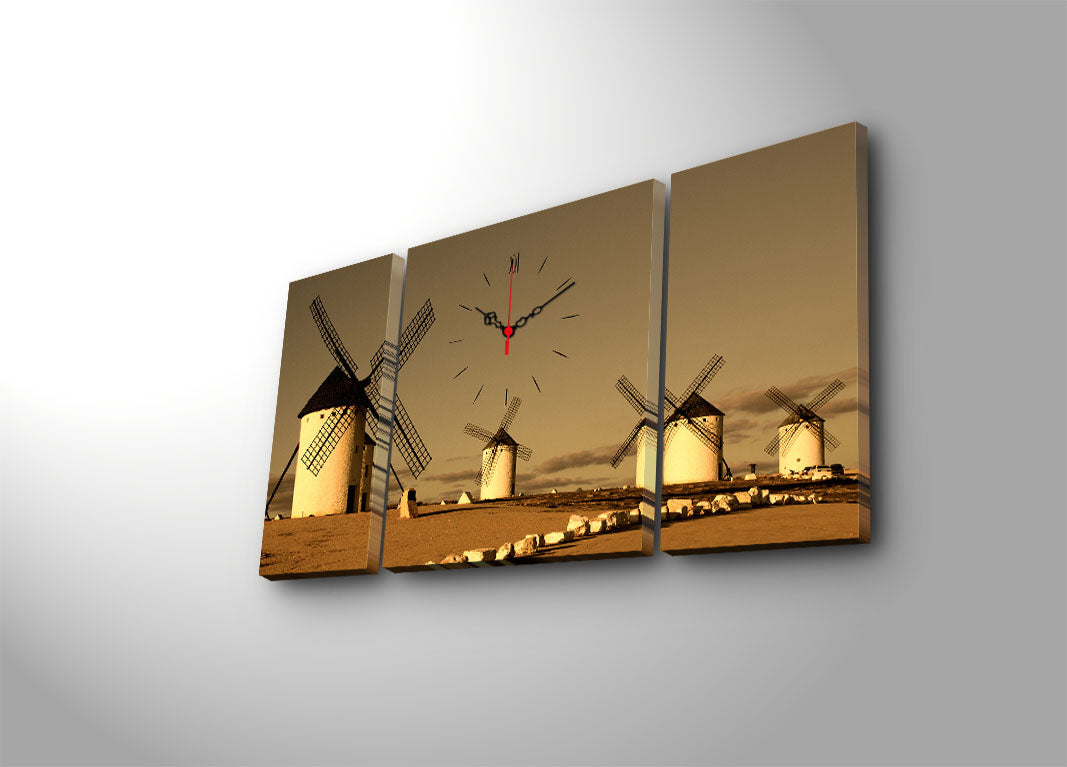 Relógio de Parede em Tela Multicolor (3 Peças) – 84x45 cm, Tela de Camurça 100% e Moldura de Madeira