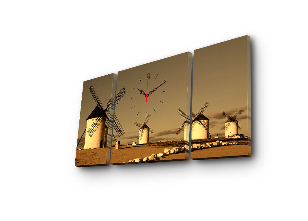 Relógio de Parede em Tela Multicolor (3 Peças) – 84x45 cm, Tela de Camurça 100% e Moldura de Madeira