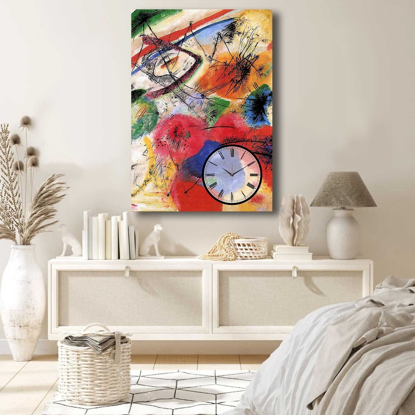 Relógio de Parede Decorativo em Tela Suede Multicolor 70x100 cm com Moldura de Madeira 2,8 cm