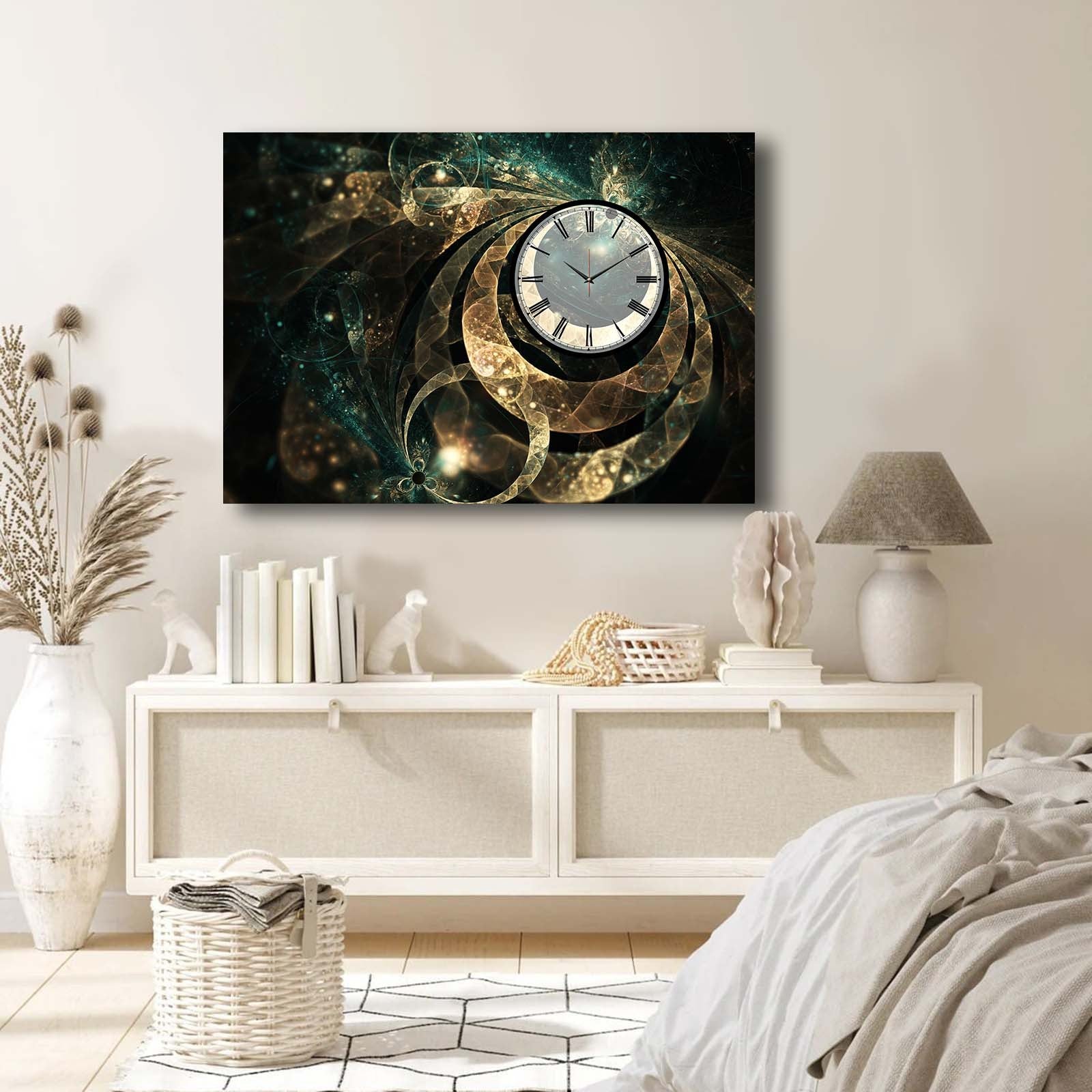 Relógio de Parede em Tela Decorativa Multicolor 70x100 cm (Suede 100%) com Moldura de Madeira 2,8 cm — 70100CS-015