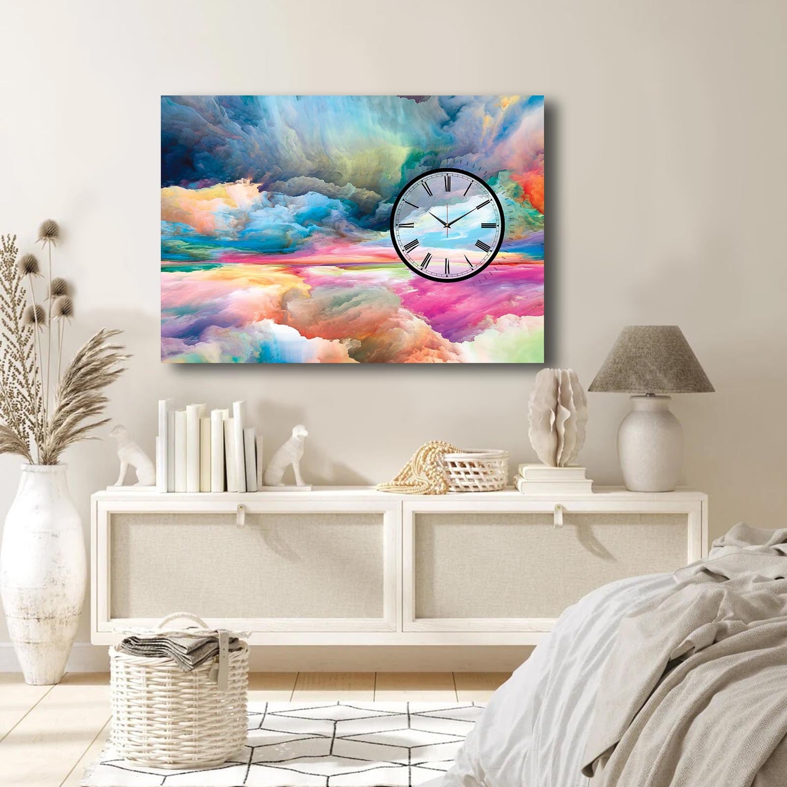 Relógio de Parede em Tela de Camurça 70x100 cm – Multicolor, Moldura 100% Madeira (2,8 cm)