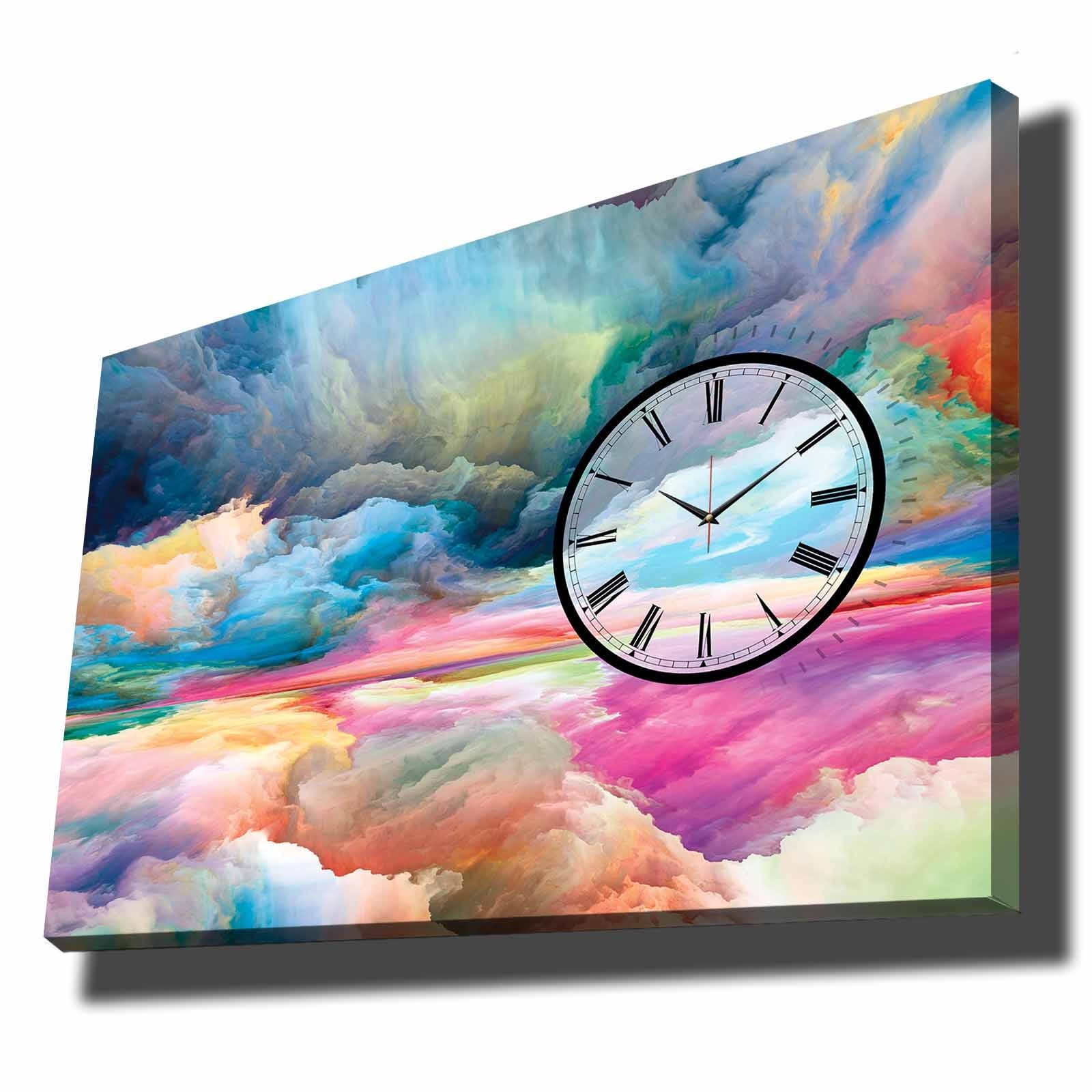 Relógio de Parede em Tela de Camurça 70x100 cm – Multicolor, Moldura 100% Madeira (2,8 cm)