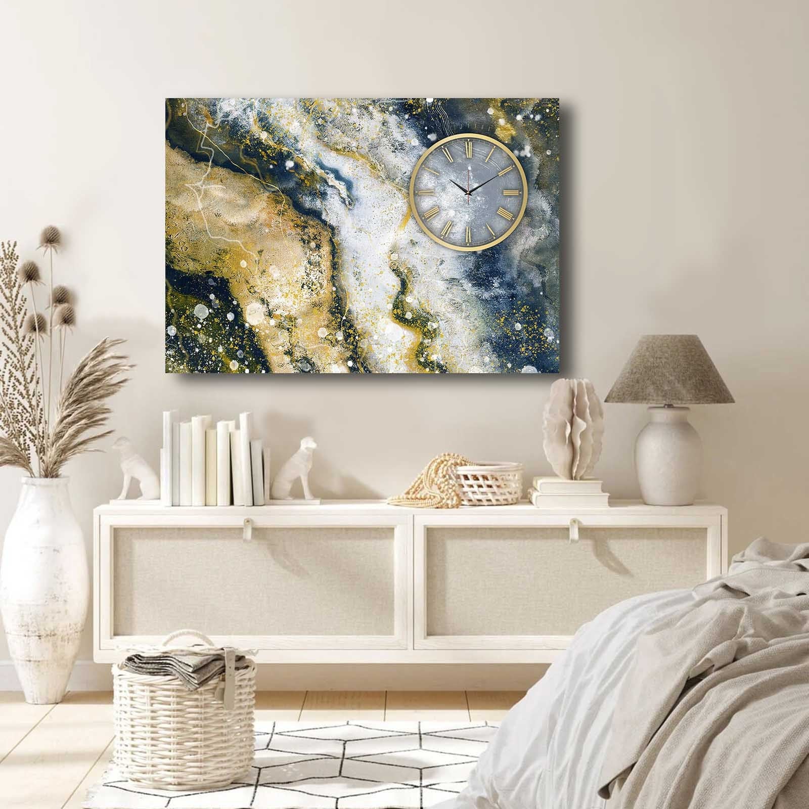 Relógio de Parede em Tela Decorativa Multicolor 70x100 cm, Suede 100%, Moldura de Madeira 2,8 cm