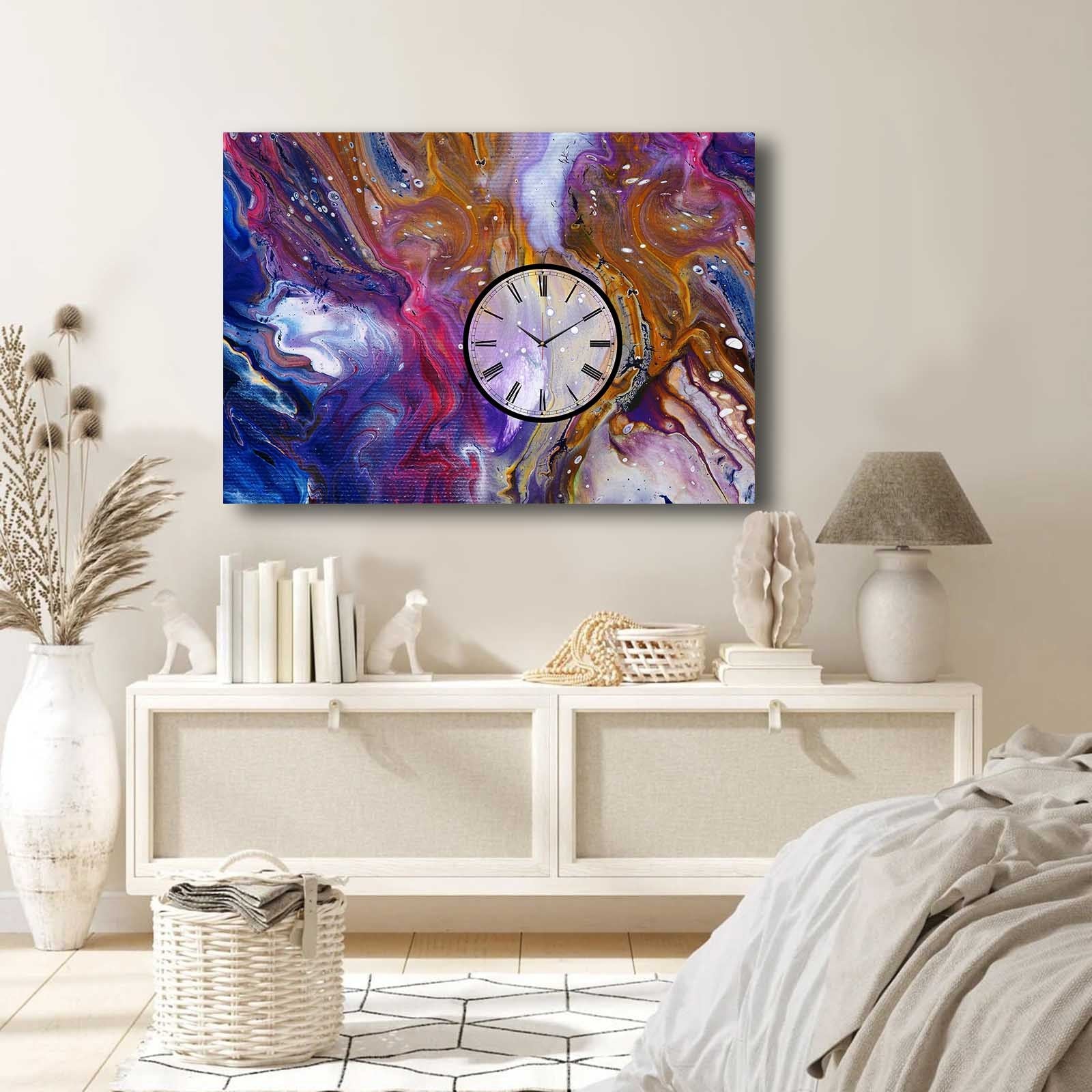 Relógio de Parede em Tela Decorativa Multicolor 70x100 cm | Tela de Camurça 100% | Moldura de Madeira 2,8 cm