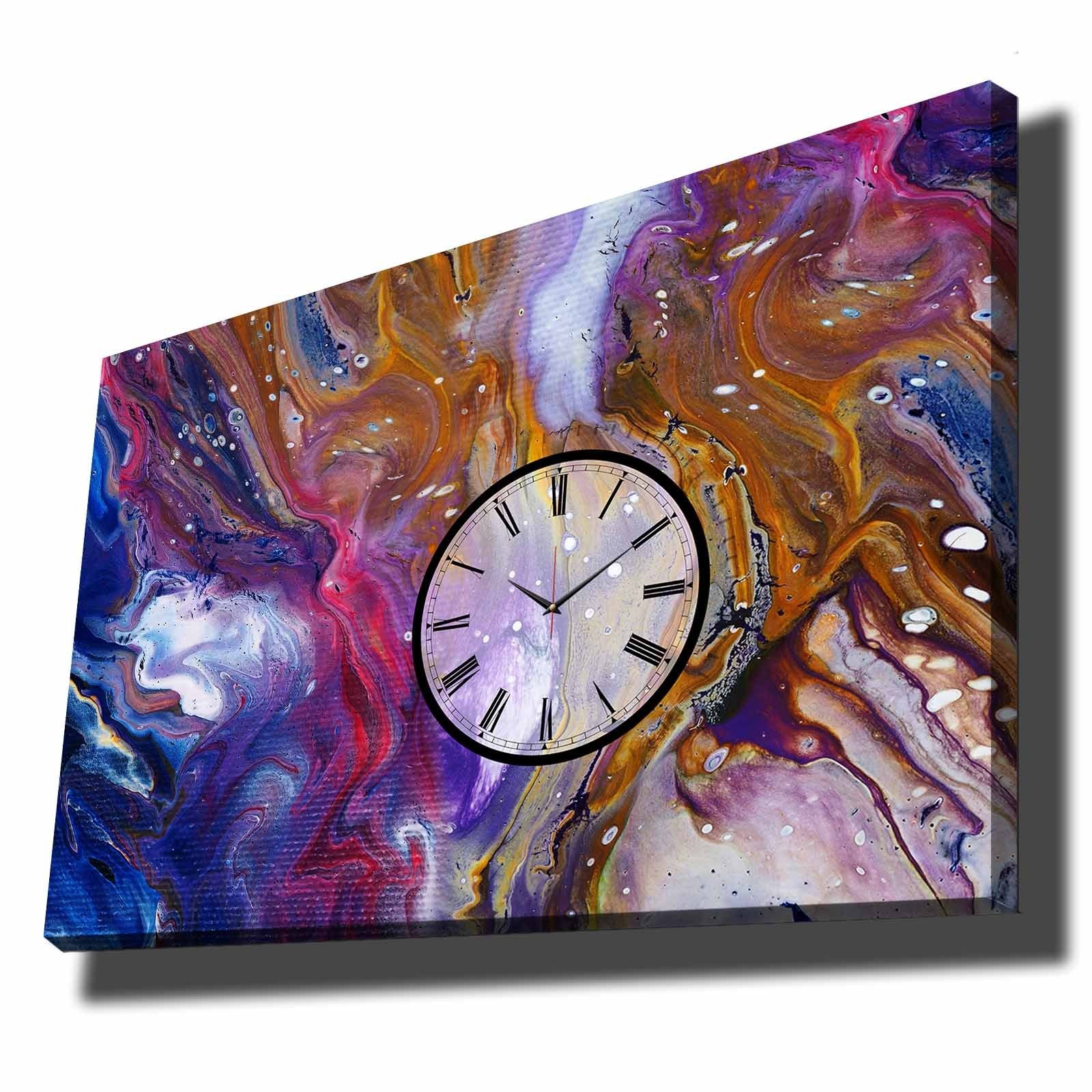 Relógio de Parede em Tela Decorativa Multicolor 70x100 cm | Tela de Camurça 100% | Moldura de Madeira 2,8 cm