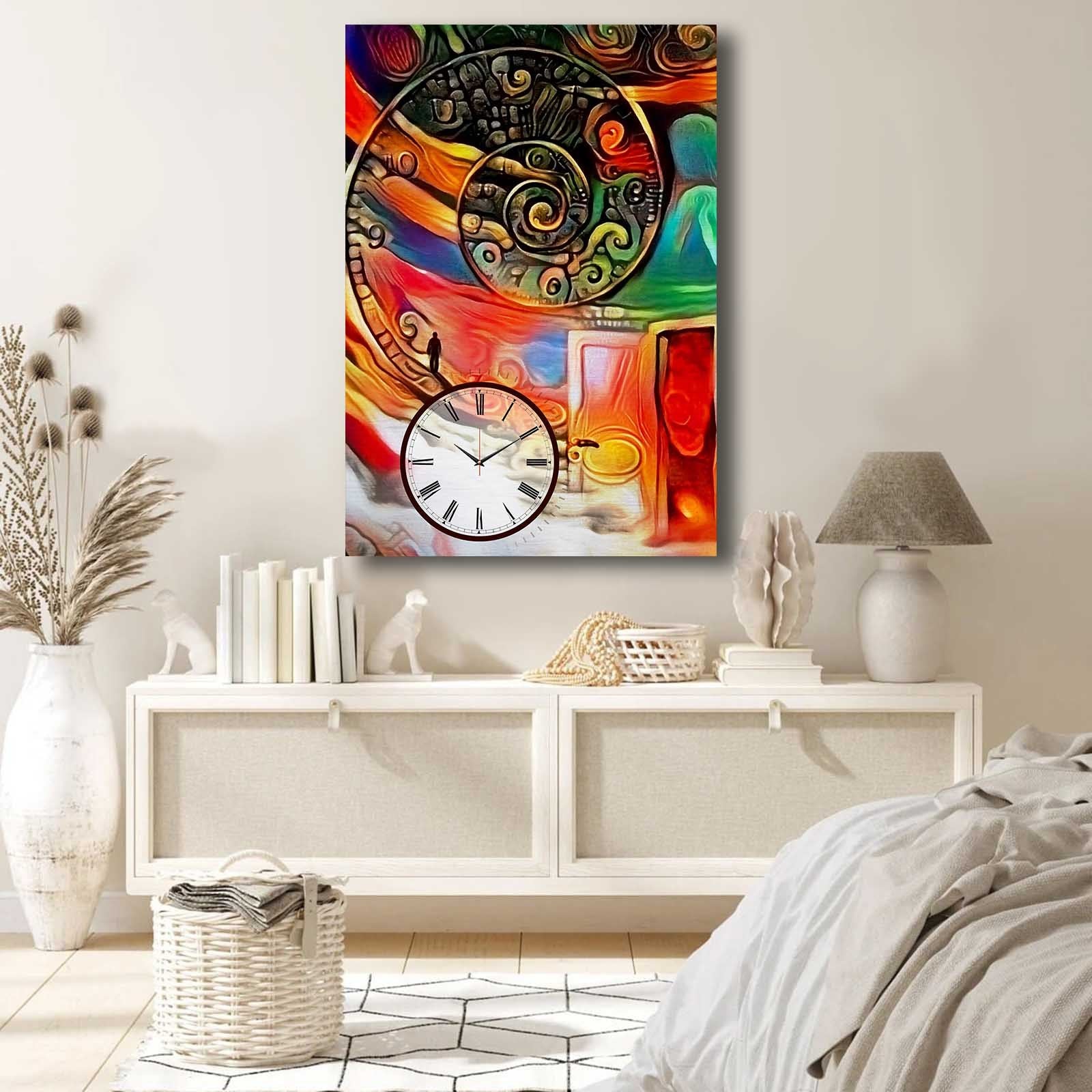 Relógio de Parede em Tela Decorativa 70x100 cm Multicolor — Canvas Suede 100% com Moldura de Madeira (2,8 cm)
