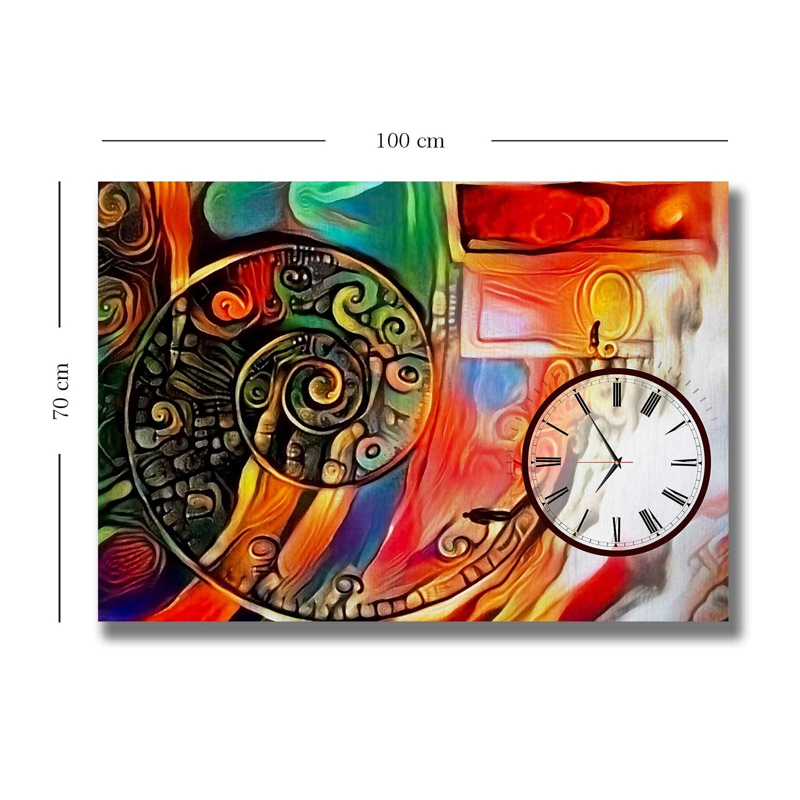 Relógio de Parede em Tela Decorativa 70x100 cm Multicolor — Canvas Suede 100% com Moldura de Madeira (2,8 cm)