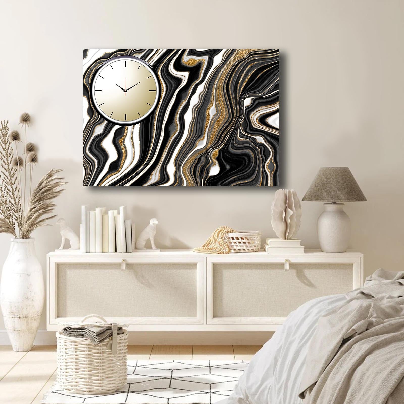 Relógio de Parede em Tela Decorativa Multicolor 70x100 cm | Tela Suede 100% | Moldura de Madeira 2,8 cm