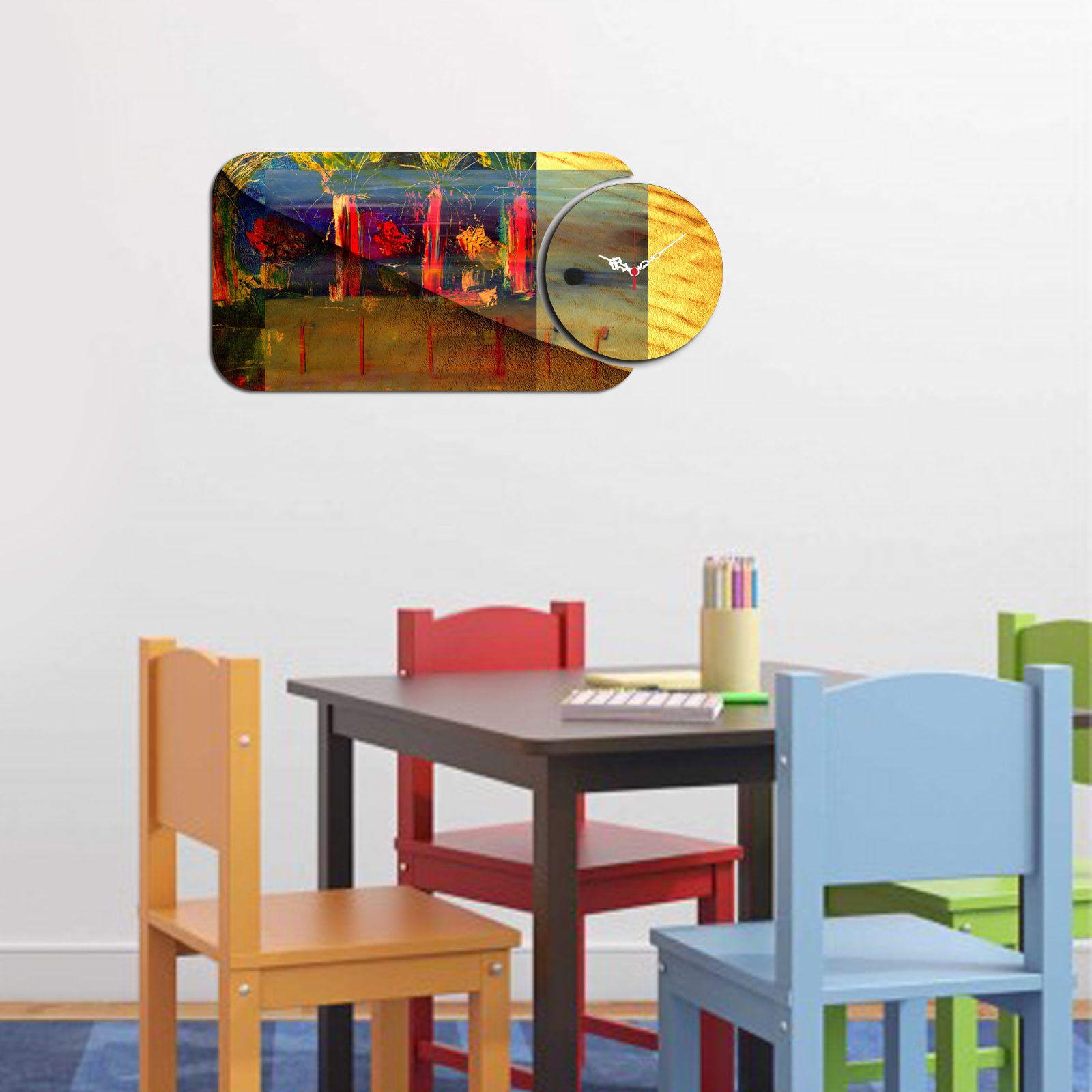 Relógio Decorativo MDF Multicolor YMS-59 - Design Moderno 2 Peças