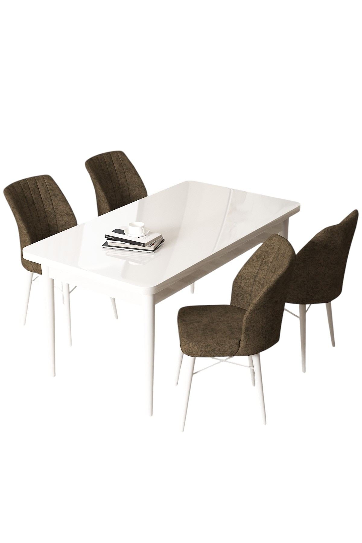 Conjunto de mesa de jantar e cadeiras – 110 cm x 76 cm x 71 cm – Branco e Marrom – Aglomerado e Metal