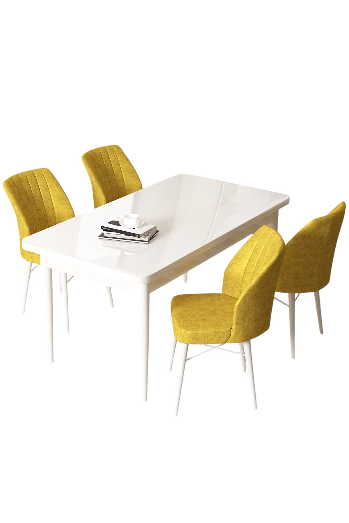 Conjunto de Mesa de Jantar e Cadeiras – 110x76x71 cm – Mostarda e Branca – Aglomerado com pernas de madeira e metal