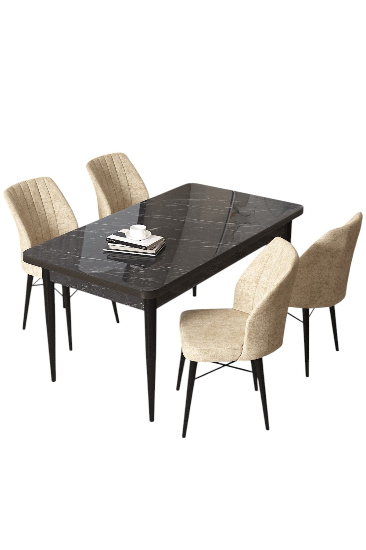 Conjunto de mesa de jantar e cadeiras – 110 cm largura, 76 cm altura, 71 cm profundidade – Preto Mármore e Creme – Aglomerado e Metal