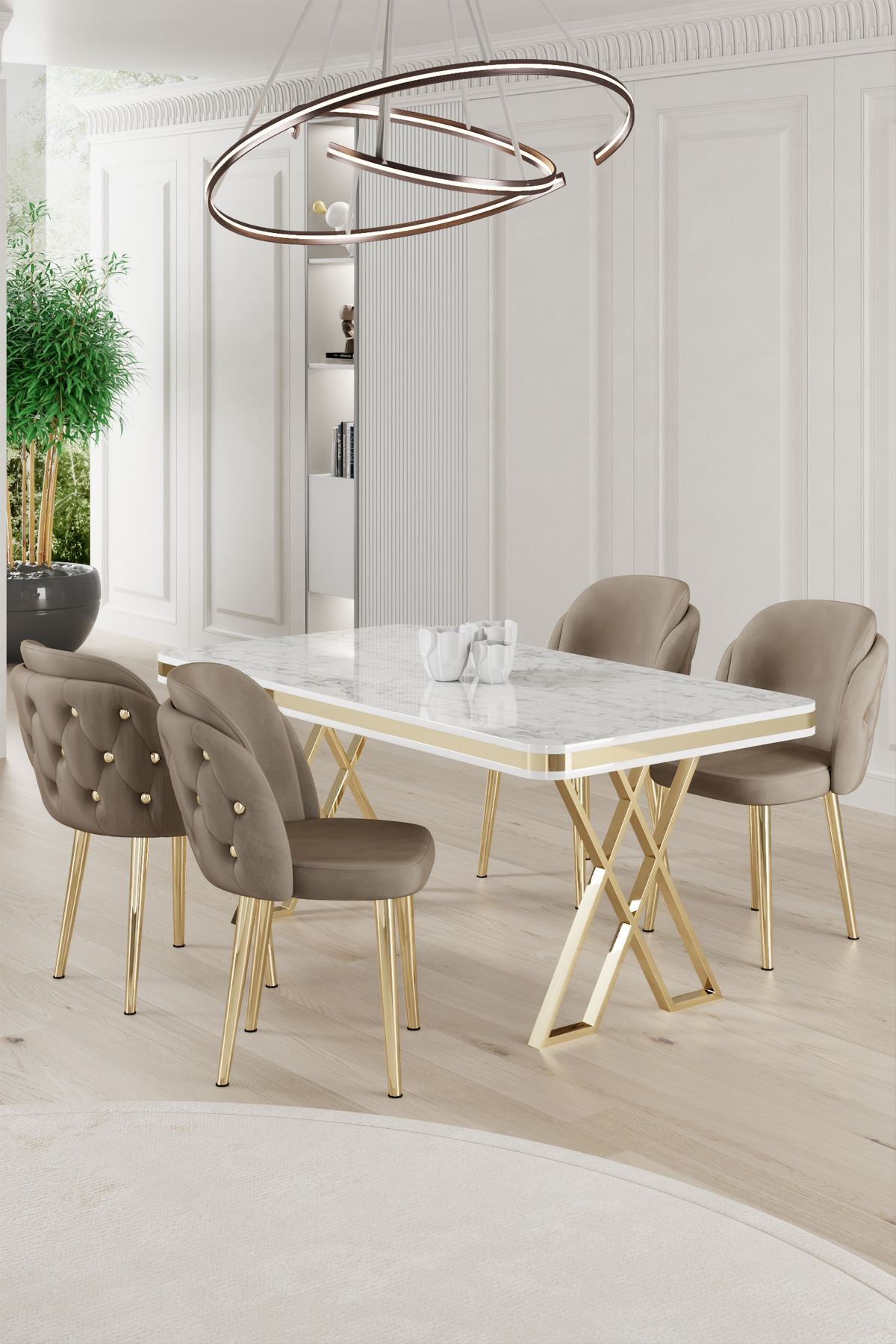 Conjunto de mesa de jantar e cadeiras (5 peças) – 130 cm x 74 cm x 80 cm – Branco, Dourado, Cappuccino – Painel laqueado, Metal