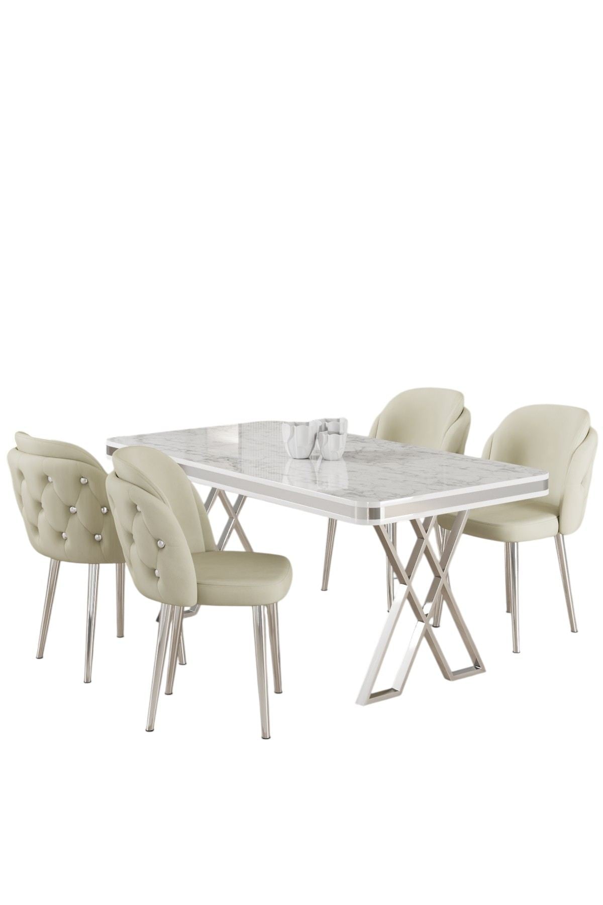 Conjunto de mesa de jantar e cadeiras – 130cm x 80cm x 74cm – Branco, Cromado, Creme – Metal, Laqueado, Compensado