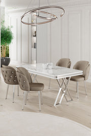Conjunto de Mesa e Cadeiras de Jantar – 130 cm x 74 cm x 80 cm – Branco, Cromado, Cappuccino – Painel Laqueado, Compensado, Metal