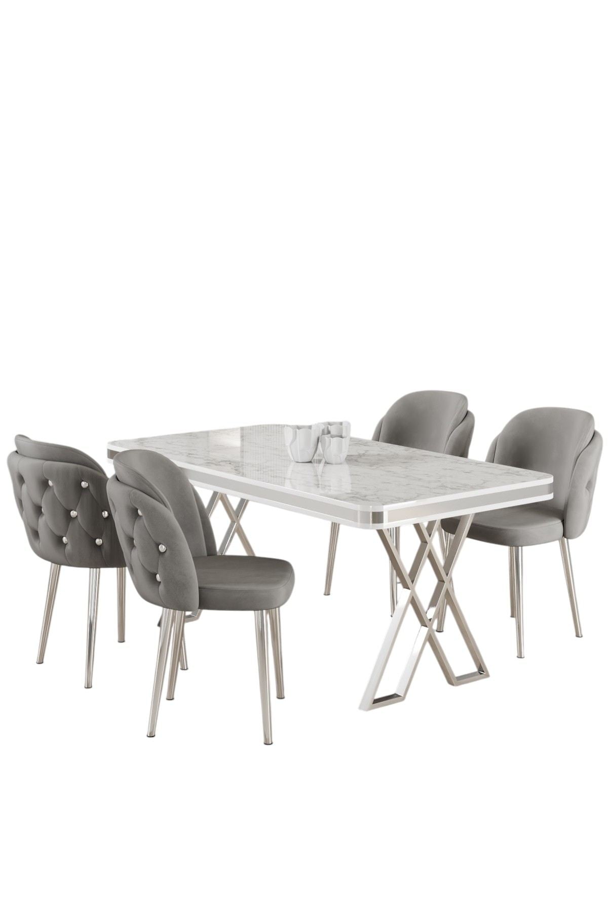Conjunto de mesa de jantar e cadeiras (5 peças) – 130cm x 74cm x 80cm – Branco, Cromo, Cinza – Metal e Compensado