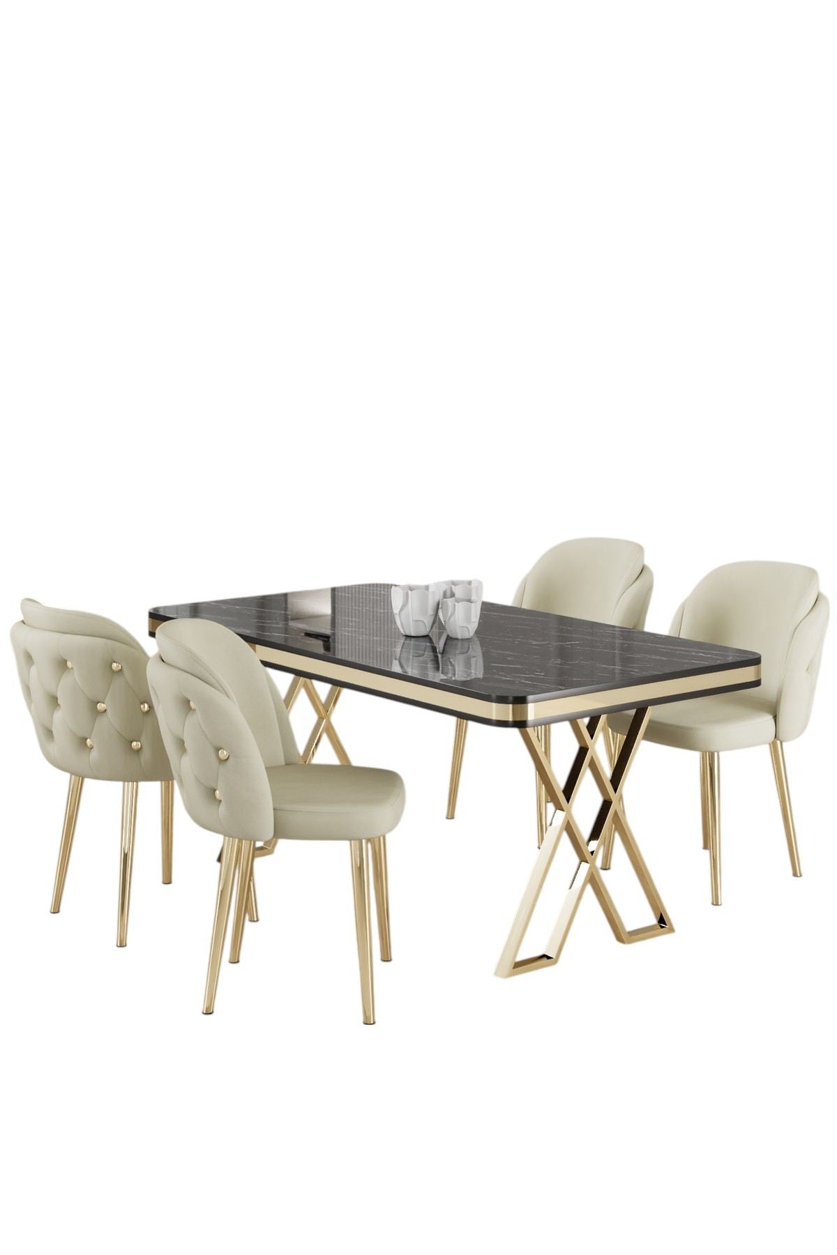 Conjunto de mesa de jantar e cadeiras – 130x80x74 cm – Mármore Preto, Dourado, Creme – Painel laqueado, metal, compensado