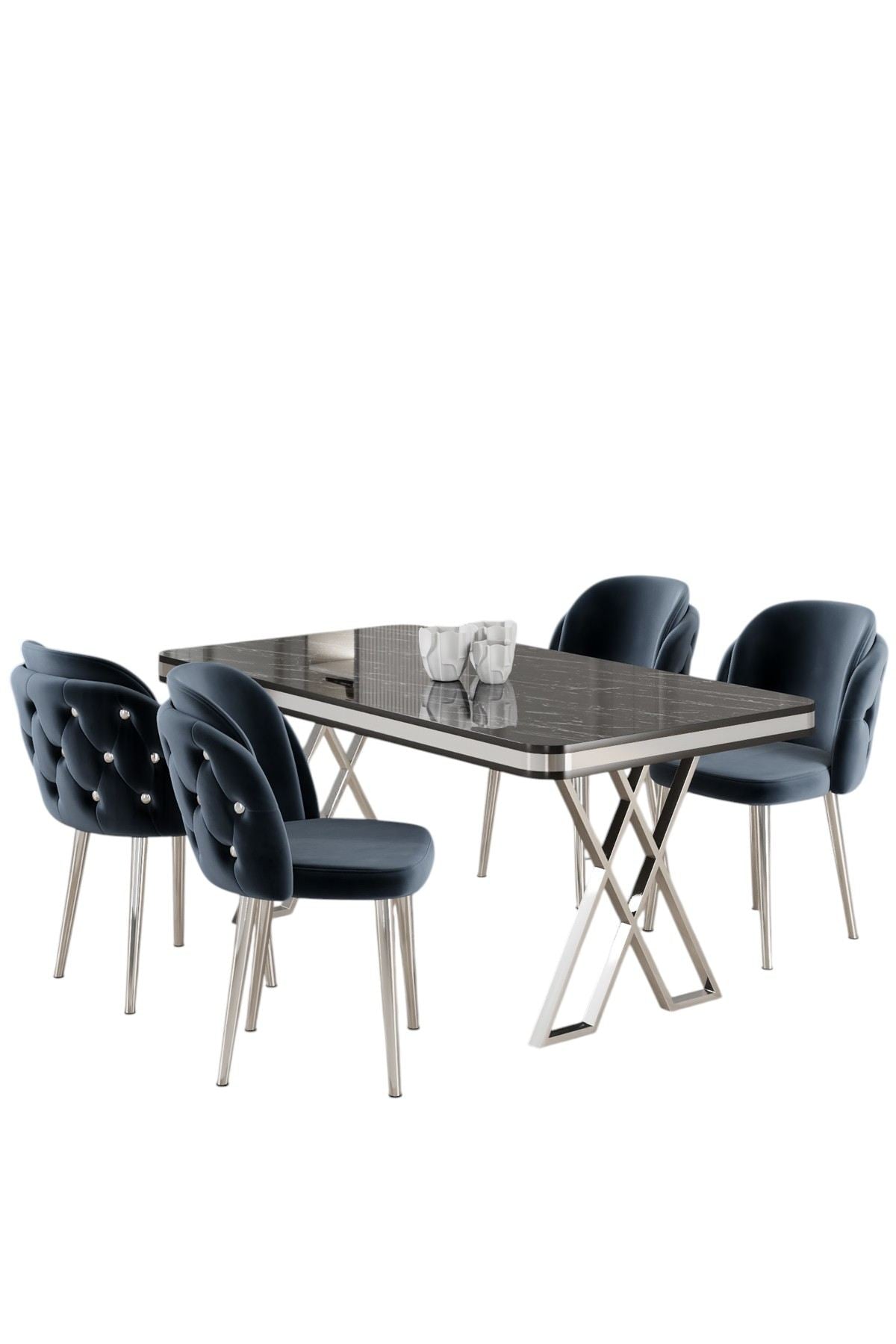Conjunto de mesa de jantar e cadeiras – 130x80x74 cm – Mármore Preto, Antracite – Metal