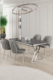 Conjunto de Mesa de Jantar e Cadeiras – 130x80x74 cm – Mármore Preto, Cromado, Cinza – Metal