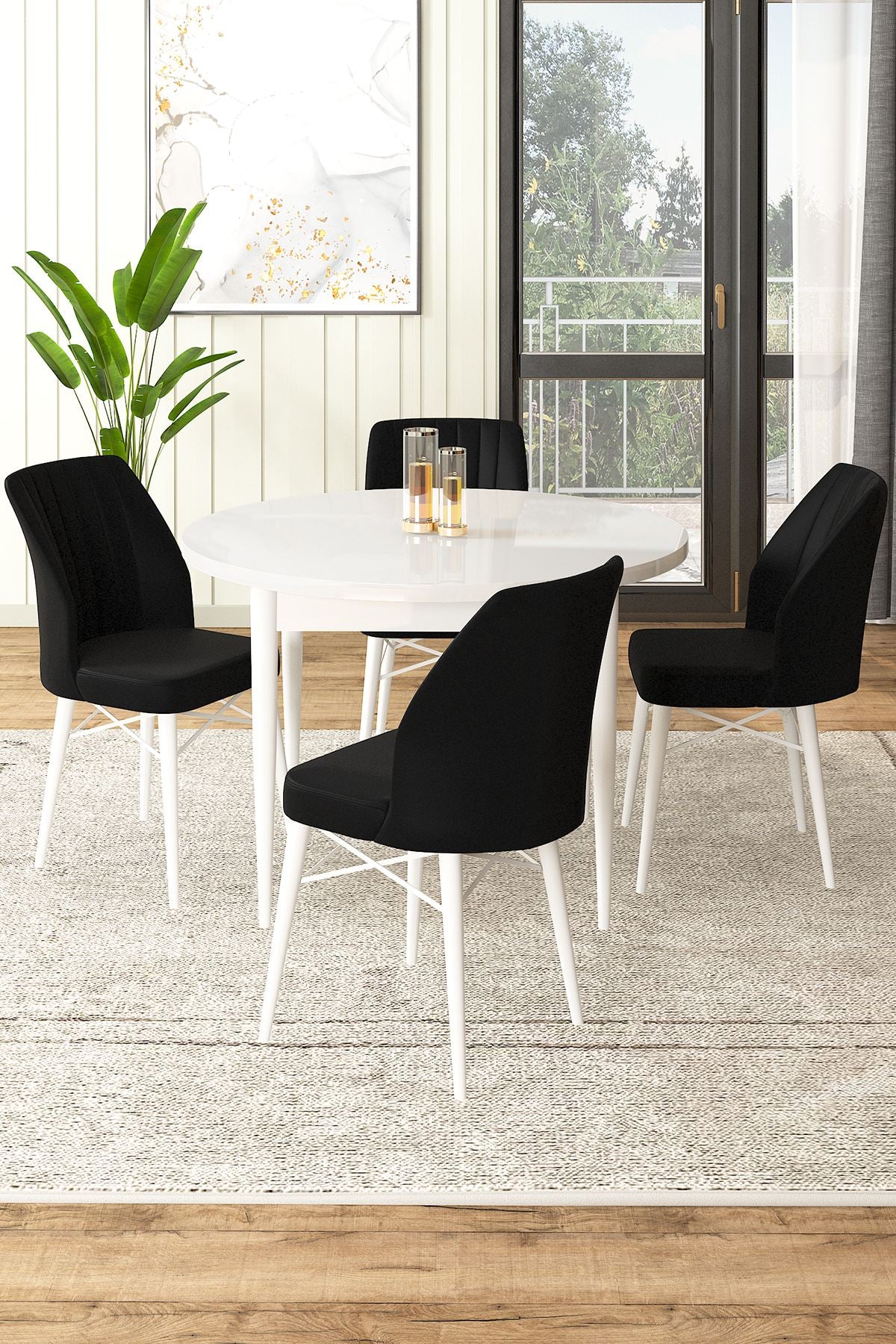 Conjunto de mesa de jantar e cadeiras (5 peças) – 90 cm x 75 cm x 90 cm – Branco e Preto – Aglomerado e Madeira