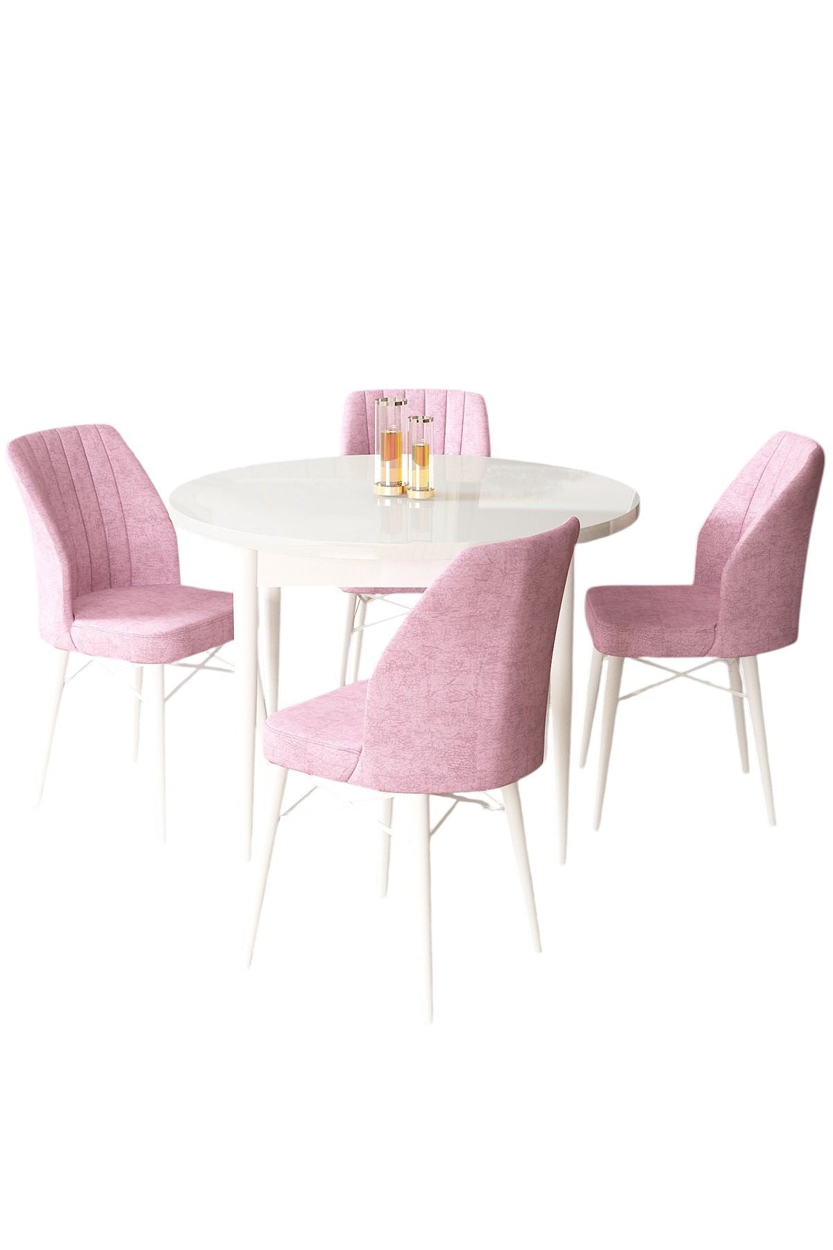 Conjunto de mesa de jantar e cadeiras – 90 cm x 75 cm – Branco e Rosa – Aglomerado com estrutura metálica e pernas de madeira