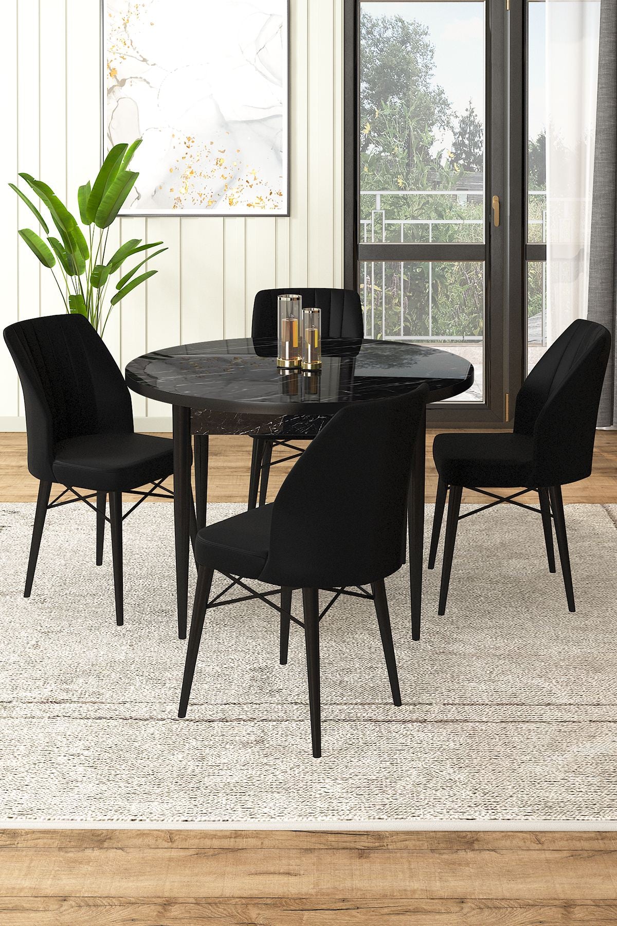 Conjunto de mesa de jantar e cadeiras – 90 cm x 75 cm x 90 cm – Preto – Aglomerado e metal