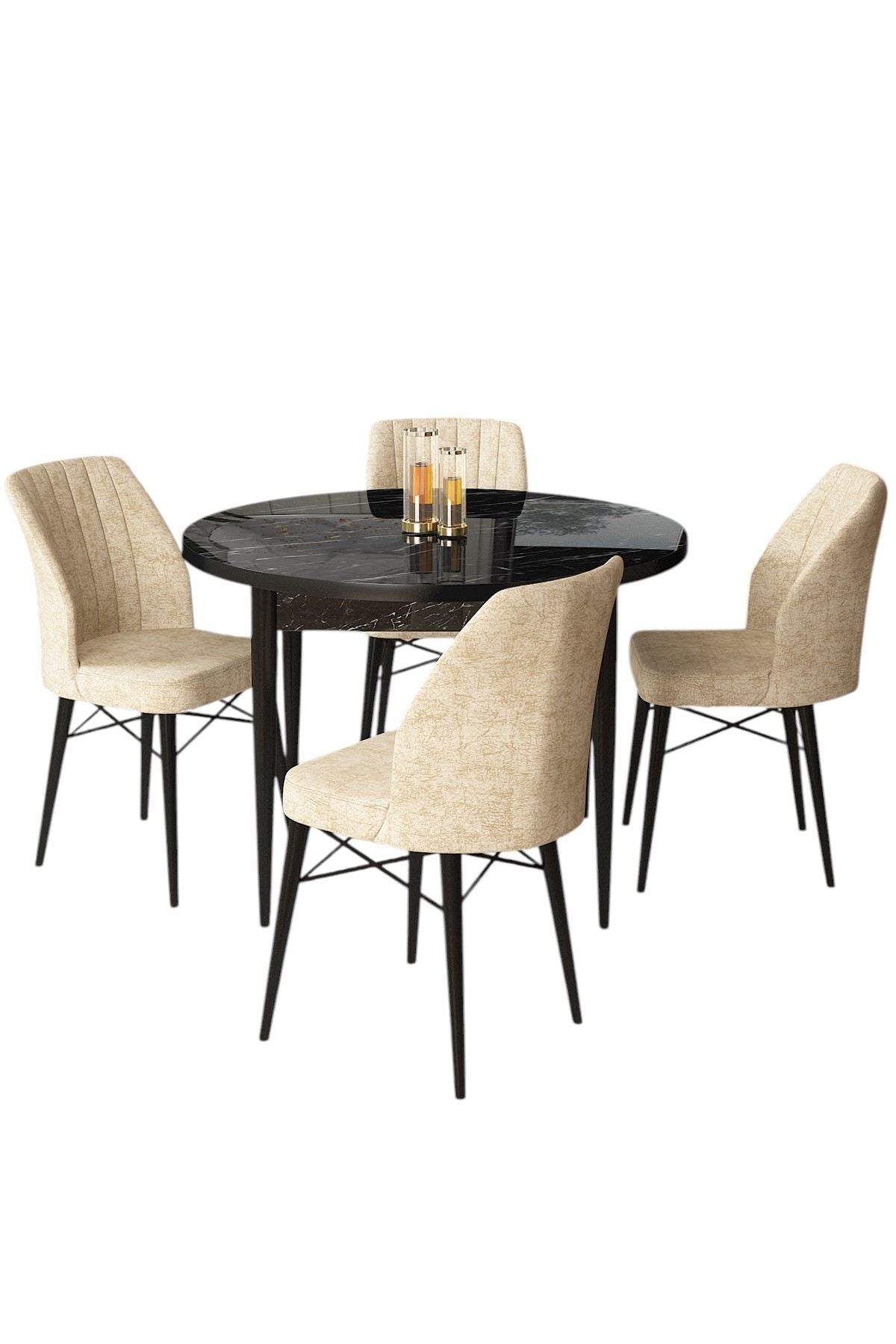 Conjunto de Mesa de Jantar e Cadeiras – 90cm x 75cm – Creme e Preto – Aglomerado e Madeira