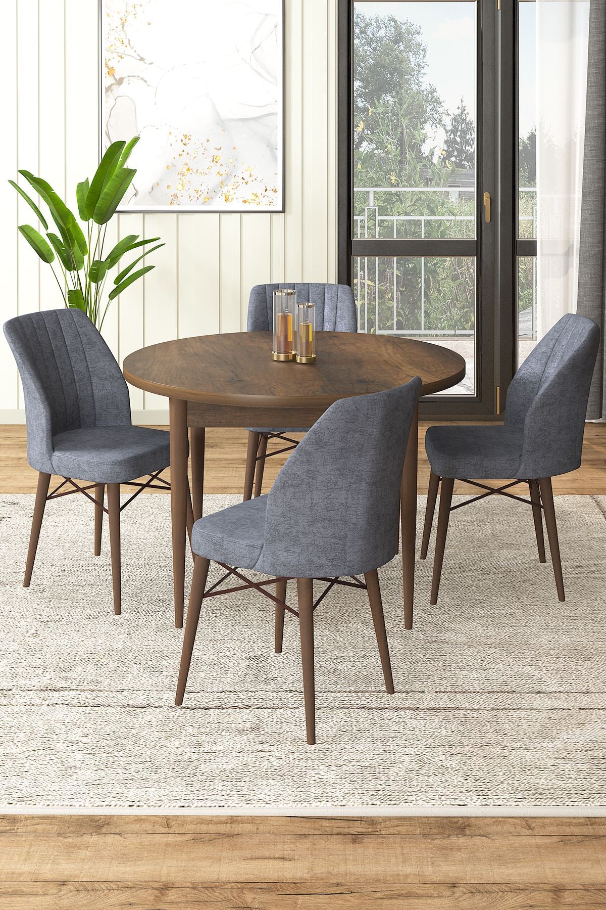 Conjunto de mesa de jantar e cadeiras (5 peças) – 90 cm largura, 75 cm altura, 90 cm profundidade – Barroco e Fuma – Aglomerado e Metal