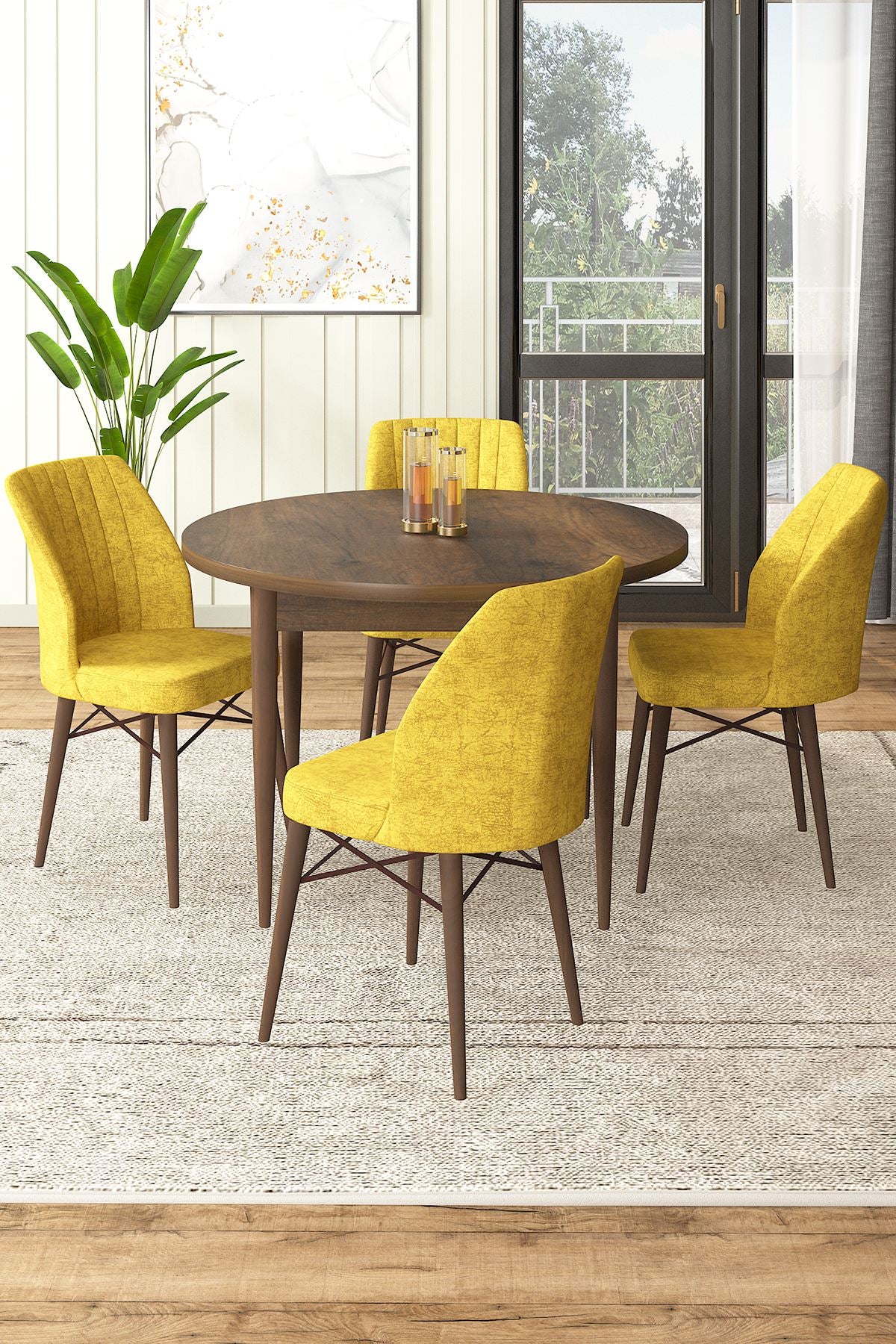 Conjunto de mesa de jantar e cadeiras – 90 cm x 75 cm x 90 cm – Barroca e Mostarda – Aglomerado revestido de melamina e Metal com pernas de madeira