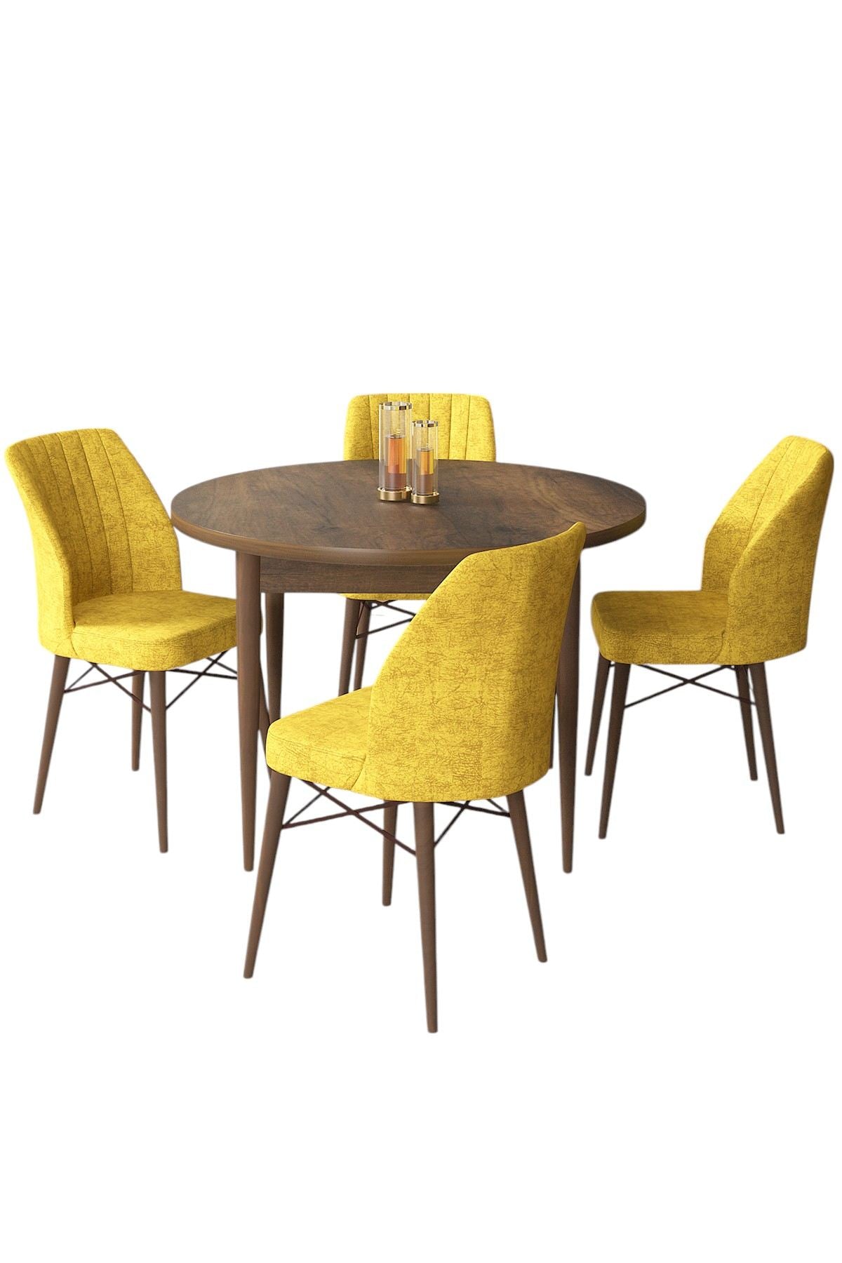 Conjunto de mesa de jantar e cadeiras – 90 cm x 75 cm x 90 cm – Barroca e Mostarda – Aglomerado revestido de melamina e Metal com pernas de madeira