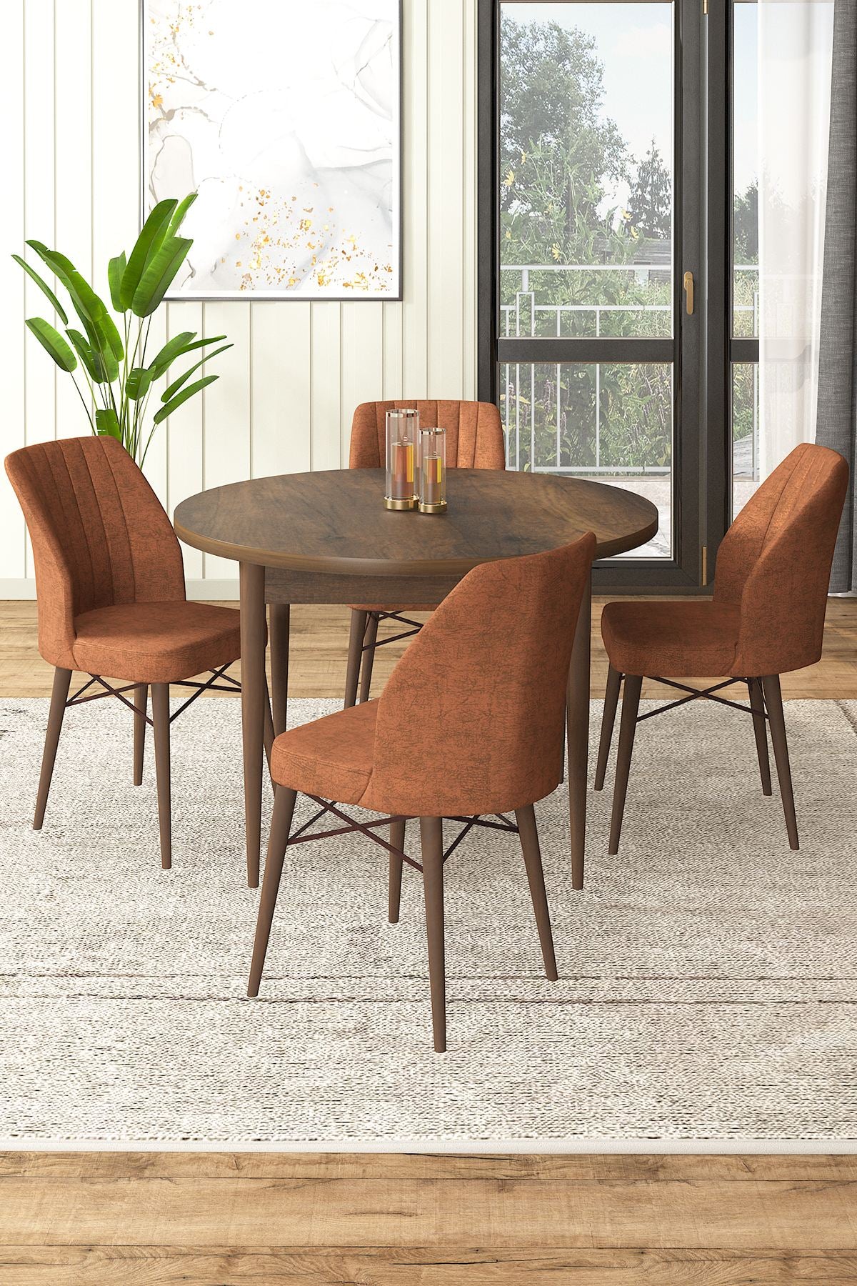 Conjunto de mesa de jantar e cadeiras – 90x75x90 cm – Barroco e Vermelho Azulejo – MDF e Metal