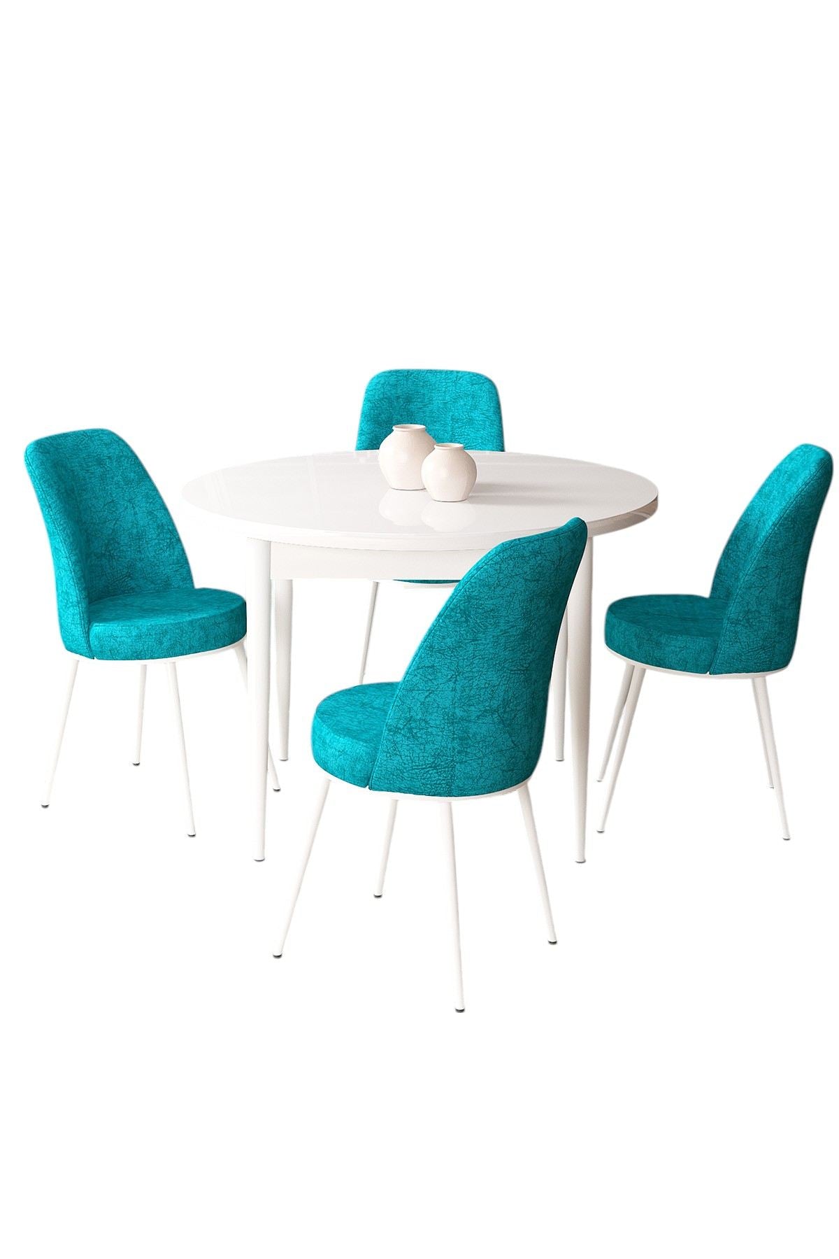 Conjunto de mesa de jantar e cadeiras – 90 cm x 75 cm – Branco e Turquesa – Aglomerado e Metal