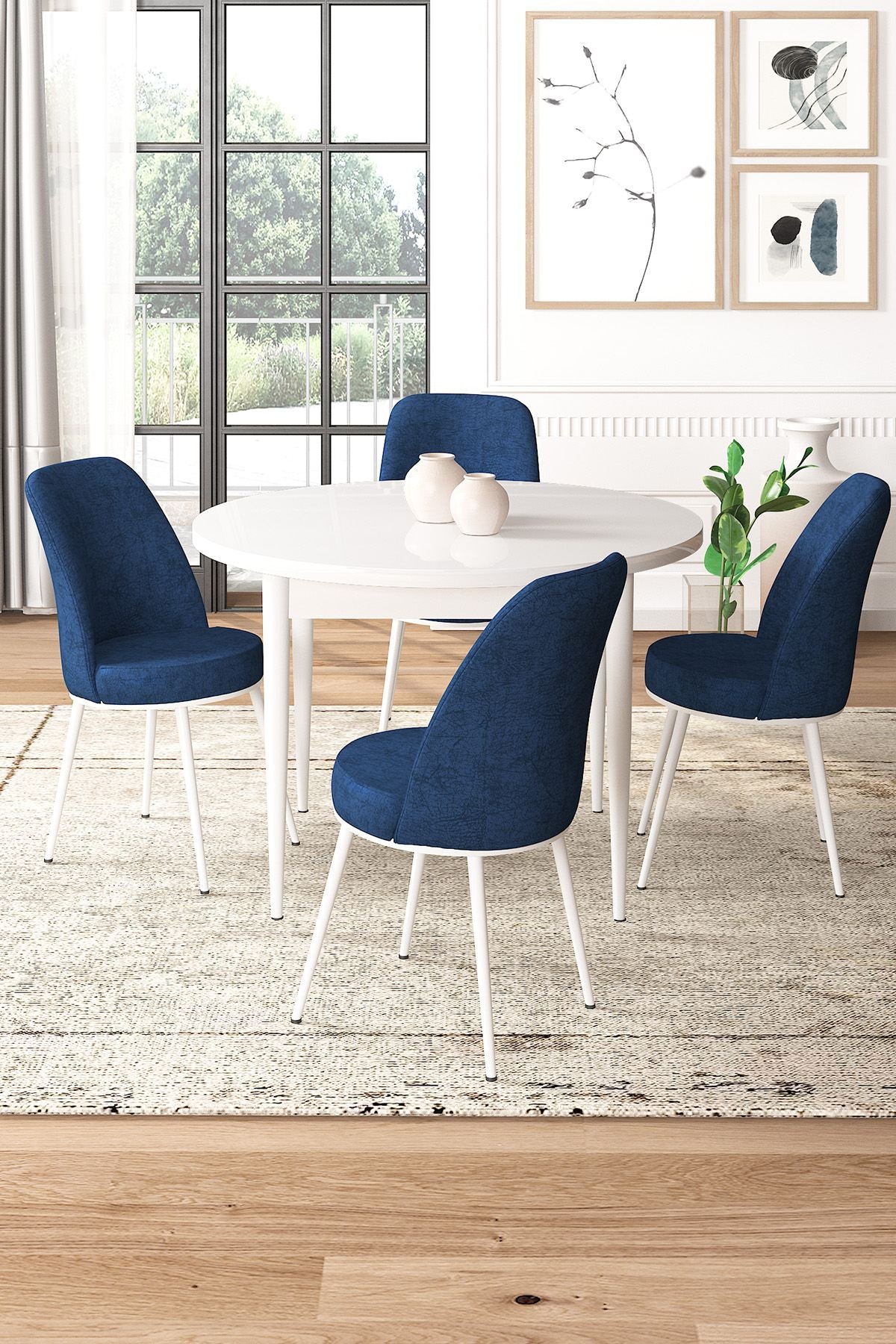 Conjunto de mesa de jantar e cadeiras – 90 cm x 75 cm x 90 cm – Branco e Azul Marinho – Aglomerado e Metal