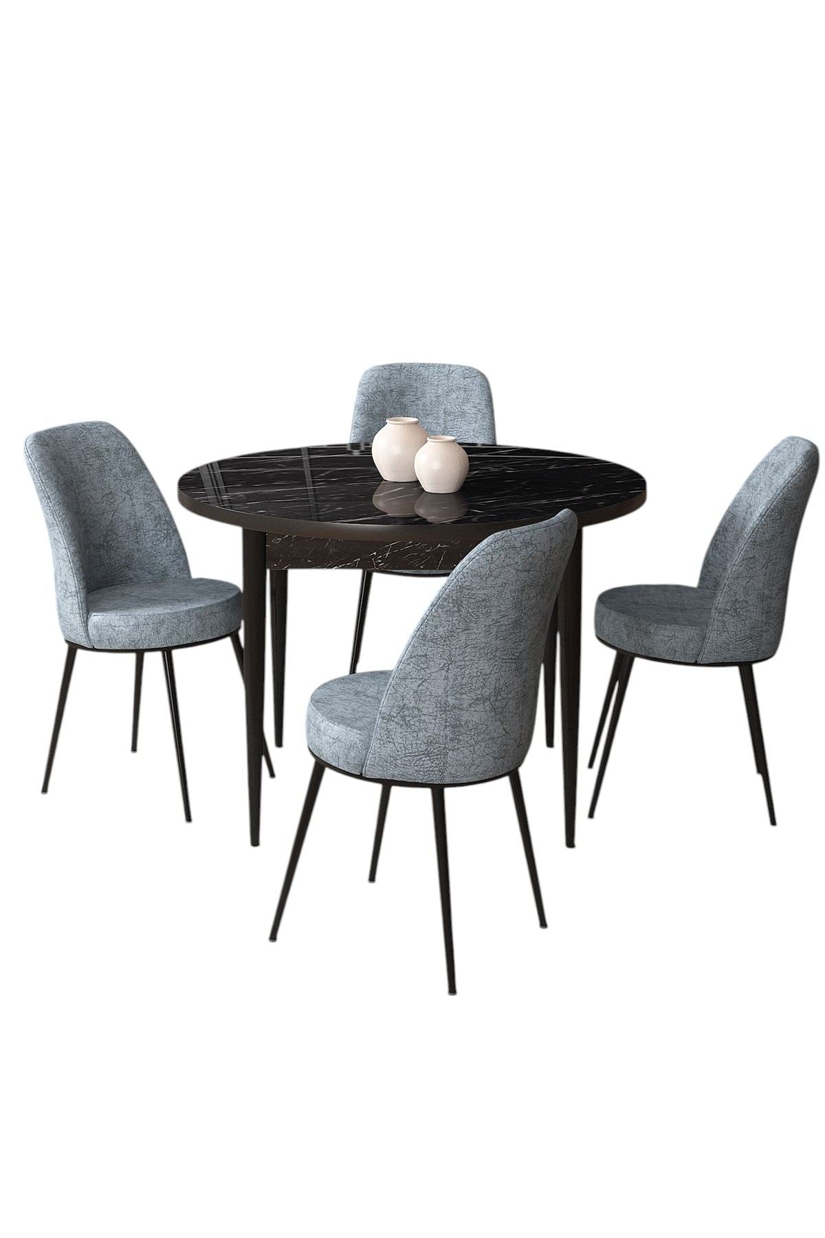 Conjunto de mesa de jantar e cadeiras – 90x75x90 cm – Mármore Preto e Cinza – Aglomerado e Metal