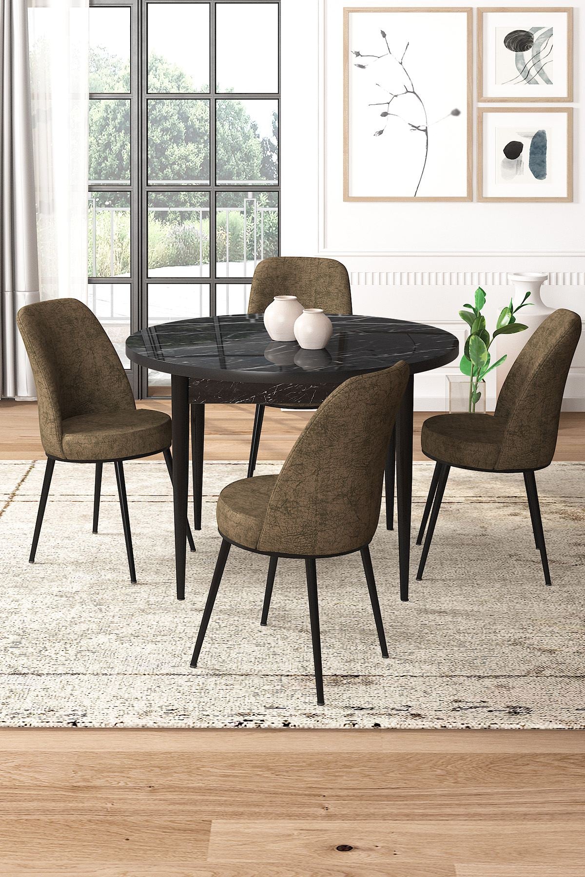 Conjunto de mesa de jantar e cadeiras – 90x75 cm – Mármore Preto e Marrom – Aglomerado e Metal