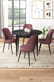 Conjunto de Mesa de Jantar e Cadeiras – 90x75x90 cm – Mármore Preto e Rosa Envelhecido – Aglomerado com Revestimento de Melamina e Metal