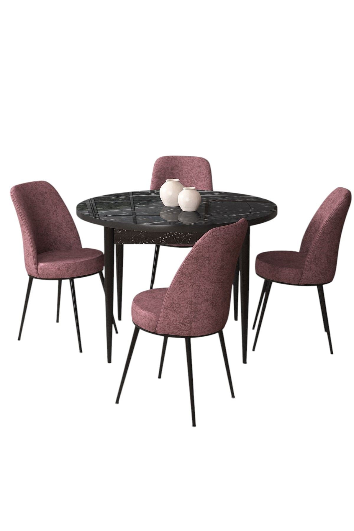 Conjunto de Mesa de Jantar e Cadeiras – 90x75x90 cm – Mármore Preto e Rosa Envelhecido – Aglomerado com Revestimento de Melamina e Metal