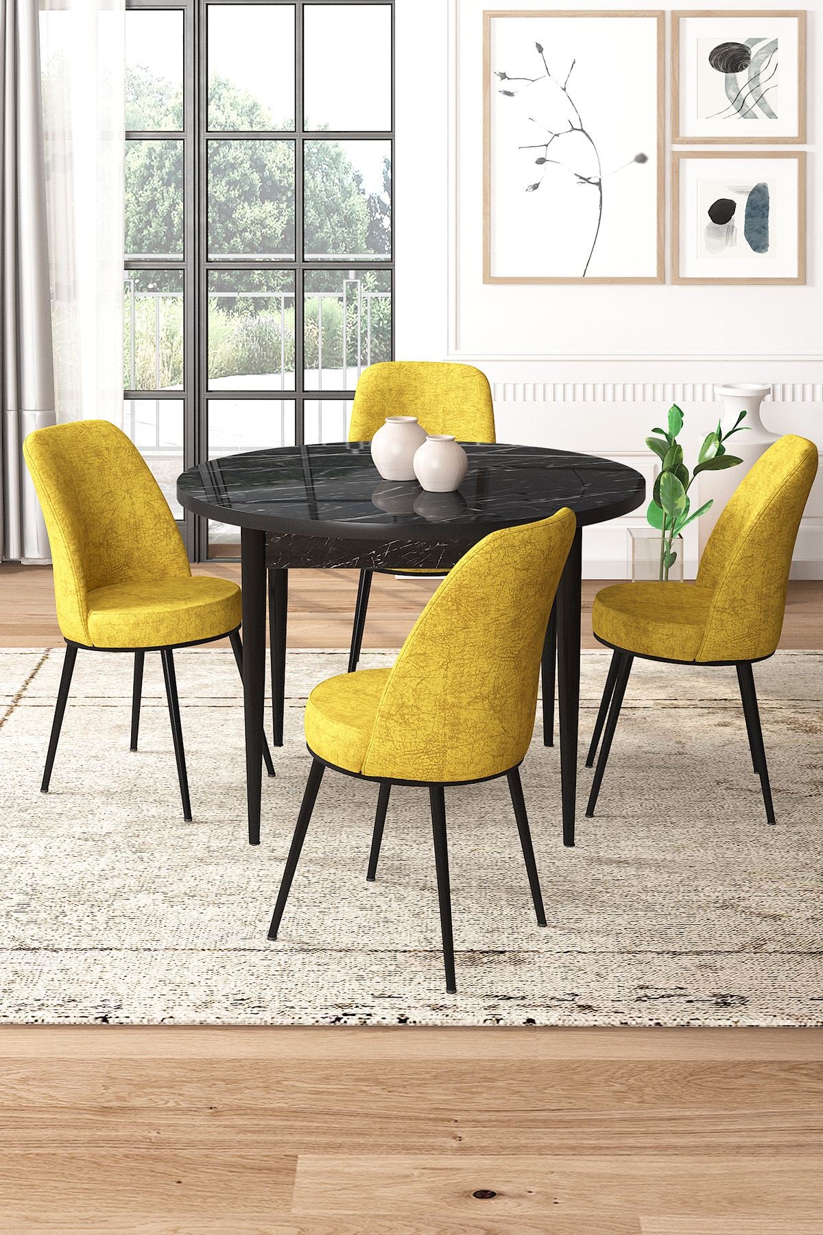 Conjunto de mesa de jantar e cadeiras – 90 cm x 75 cm – Mármore Preto e Mostarda – Aglomerado e Metal