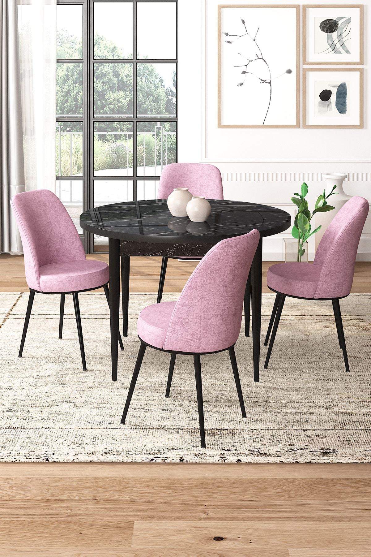 Conjunto de Mesa de Jantar e Cadeiras (5 peças) – 90x90 cm – Preto e Rosa – Melamina e Metal