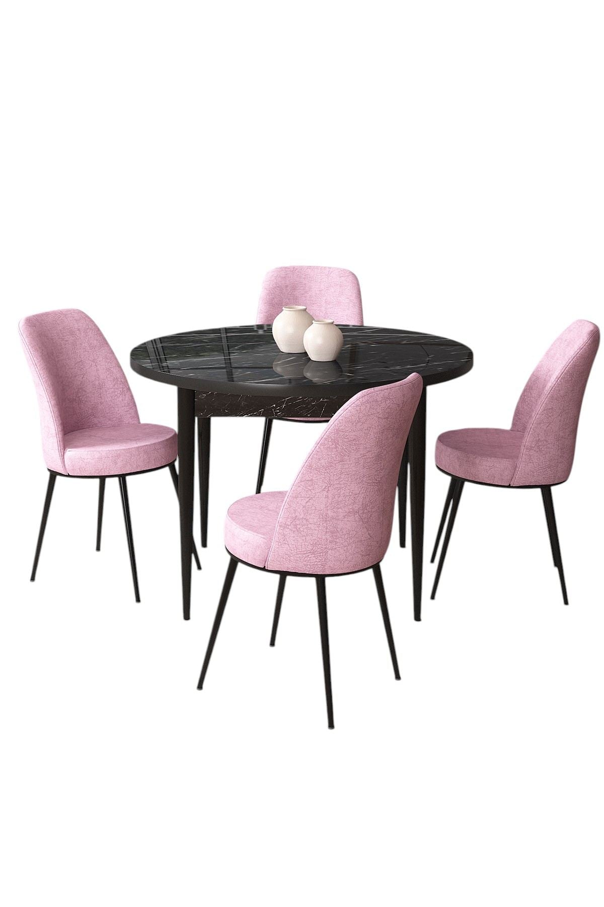 Conjunto de Mesa de Jantar e Cadeiras (5 peças) – 90x90 cm – Preto e Rosa – Melamina e Metal