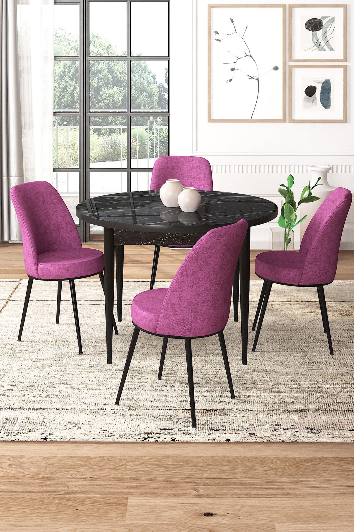 Conjunto de Mesa de Jantar e Cadeiras – 90x75x90 cm – Mármore Preto e Roxo – Aglomerado e Metal