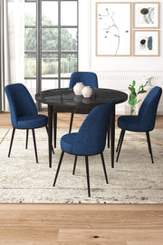 Conjunto de mesa de jantar e cadeiras (5 peças) – 90 cm x 75 cm x 90 cm – Mármore Preto e Azul-Marinho – Aglomerado e Metal