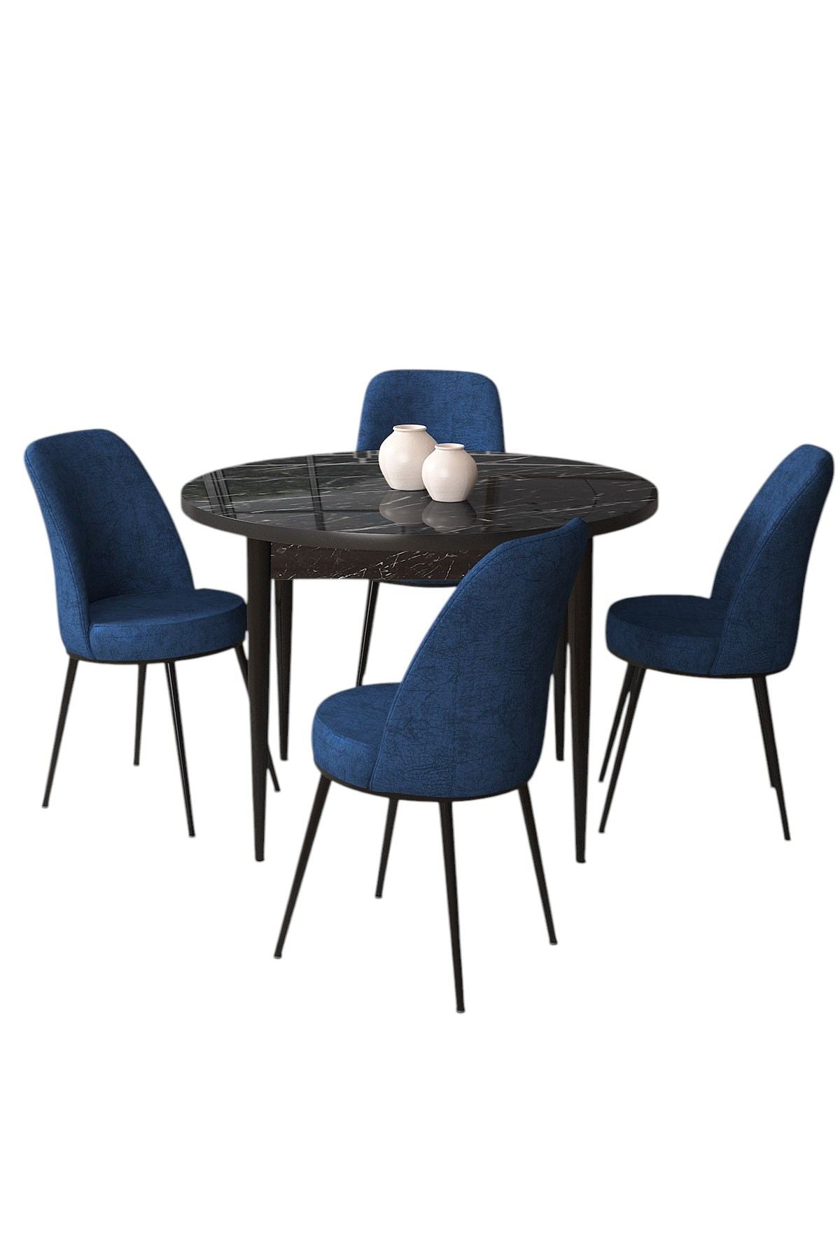Conjunto de mesa de jantar e cadeiras (5 peças) – 90 cm x 75 cm x 90 cm – Mármore Preto e Azul-Marinho – Aglomerado e Metal
