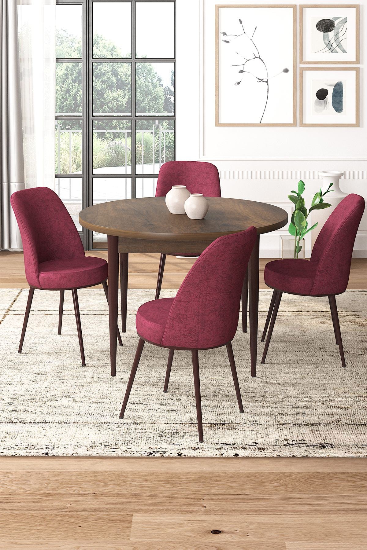 Conjunto de mesa de jantar e cadeiras – 90 cm x 75 cm x 90 cm – Barroco e Burgundy – aglomerado e metal