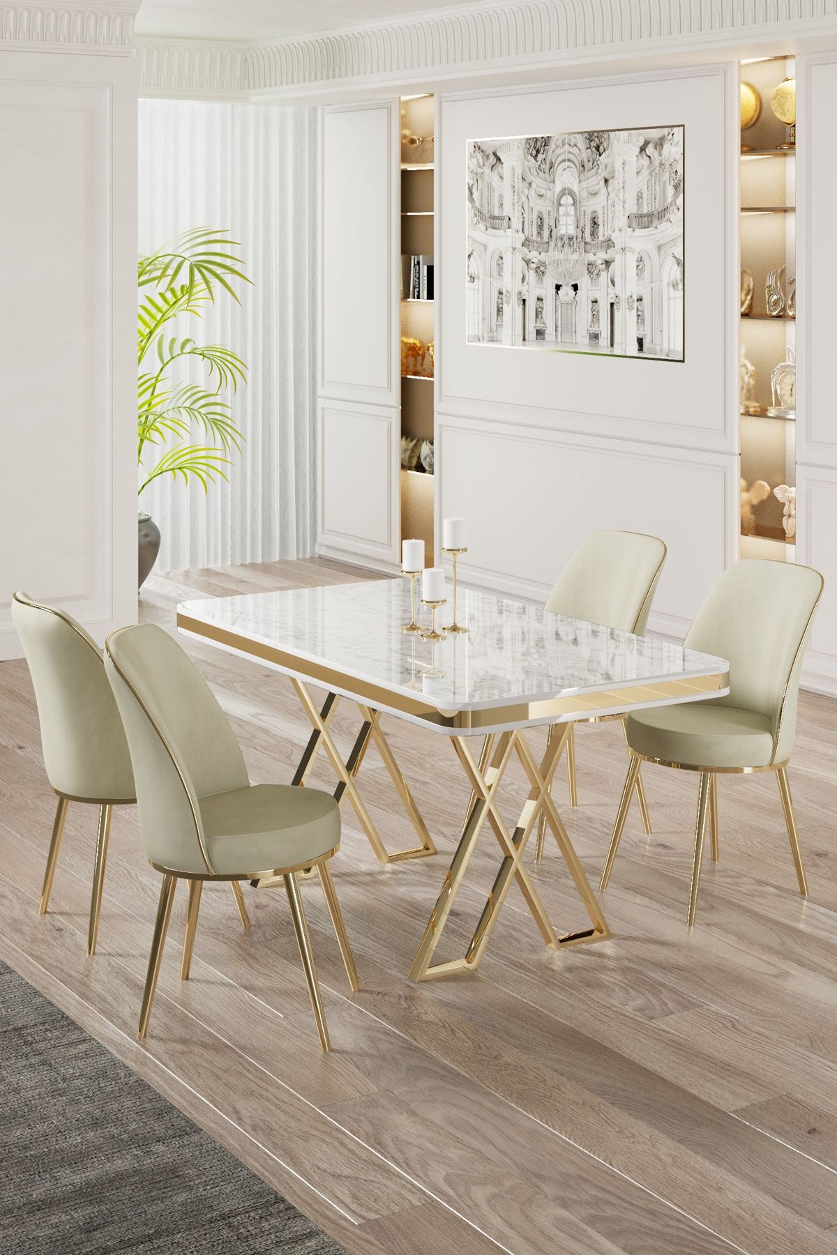 Conjunto de mesa de jantar e cadeiras – 130 cm x 74 cm x 80 cm – Branco, Dourado, Creme – Metal, Tecido Babyface