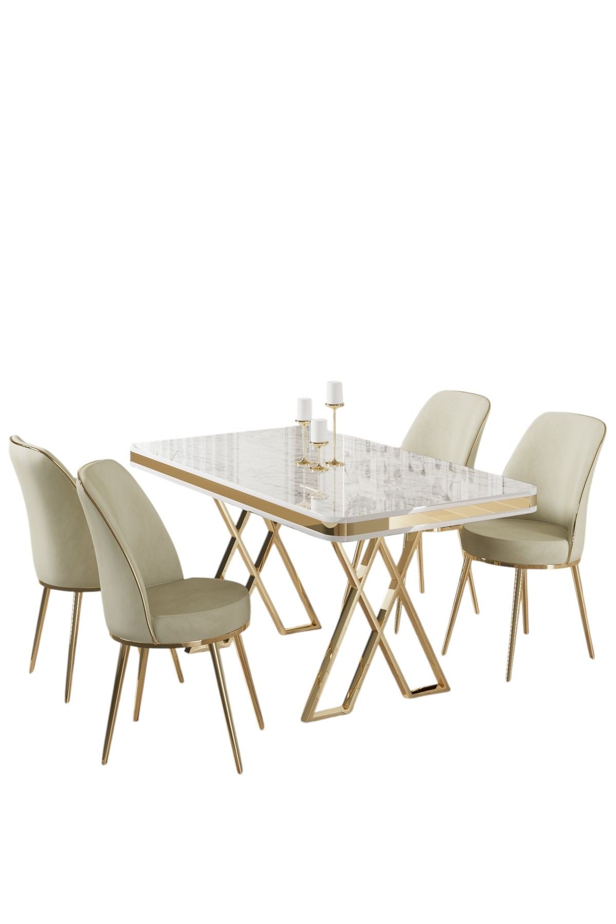 Conjunto de mesa de jantar e cadeiras – 130 cm x 74 cm x 80 cm – Branco, Dourado, Creme – Metal, Tecido Babyface