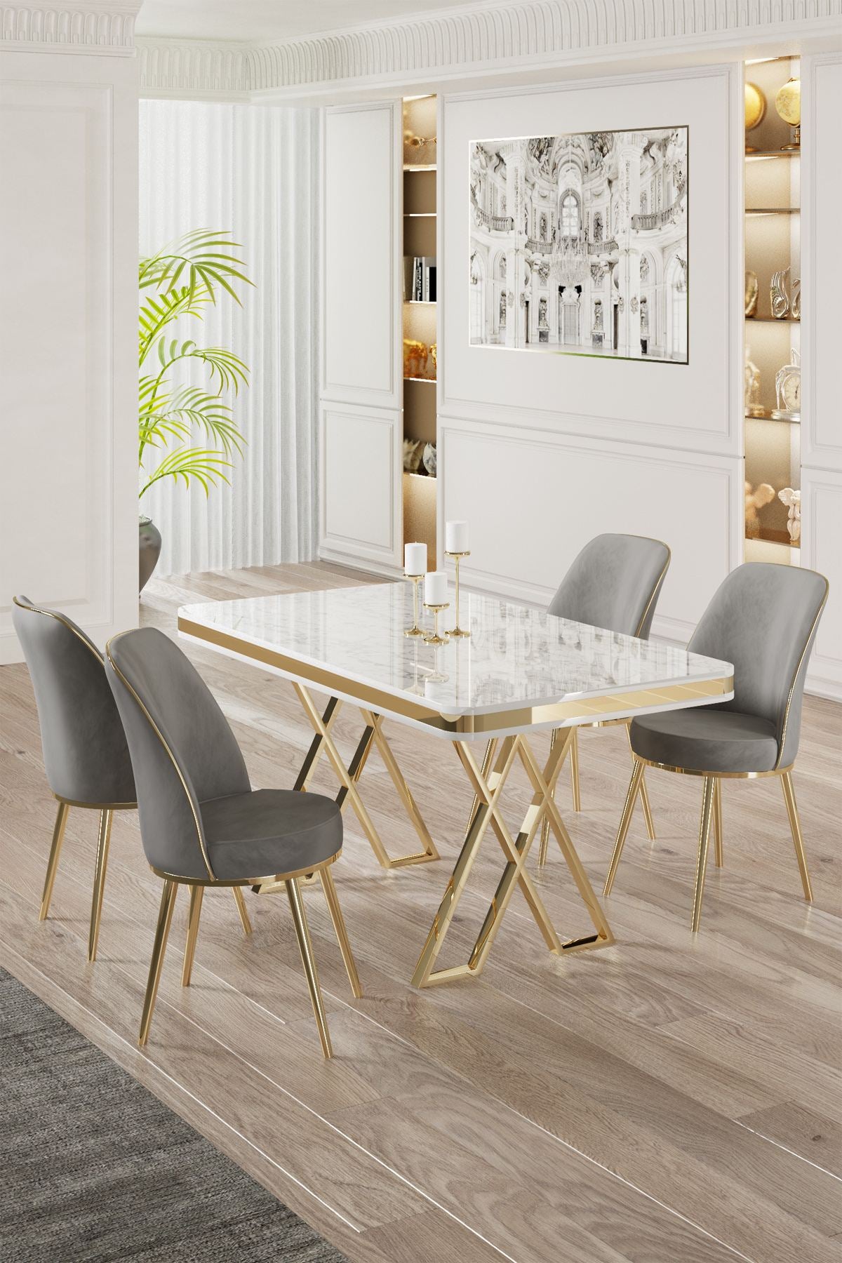 Conjunto de mesa de jantar e cadeiras (5 peças) – 130 cm x 74 cm – Branco, Dourado, Cinza – Metal, Laqueado